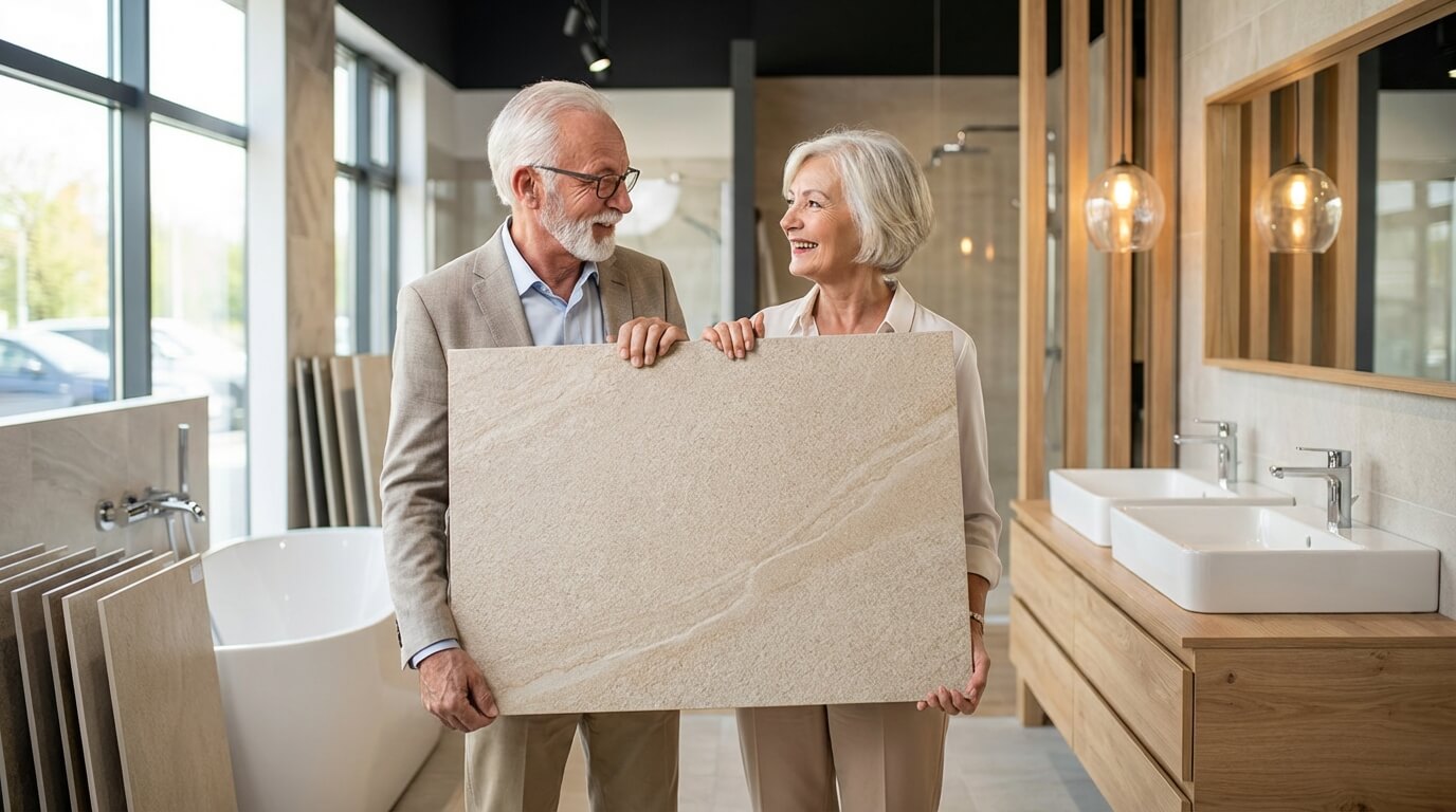 Couple seniors choix matériaux salle de bain rénovation