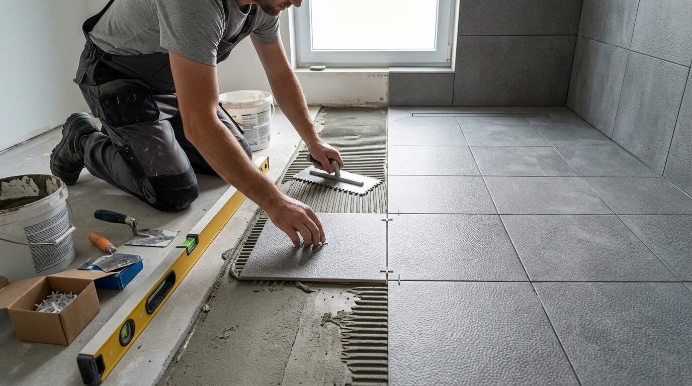 Installation sol antidérapant douche salle bain