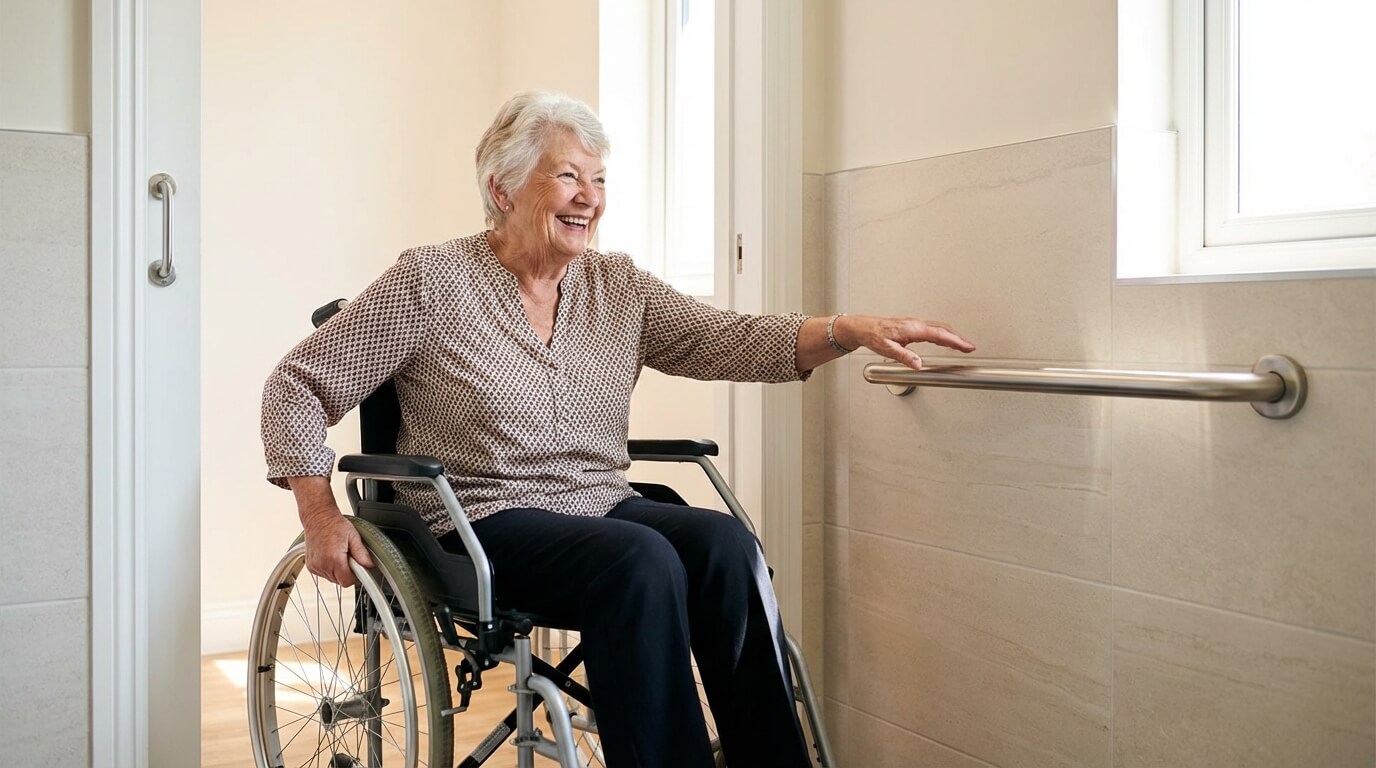 Personne à mobilité réduite retrouvant son autonomie dans une salle de bain adaptée