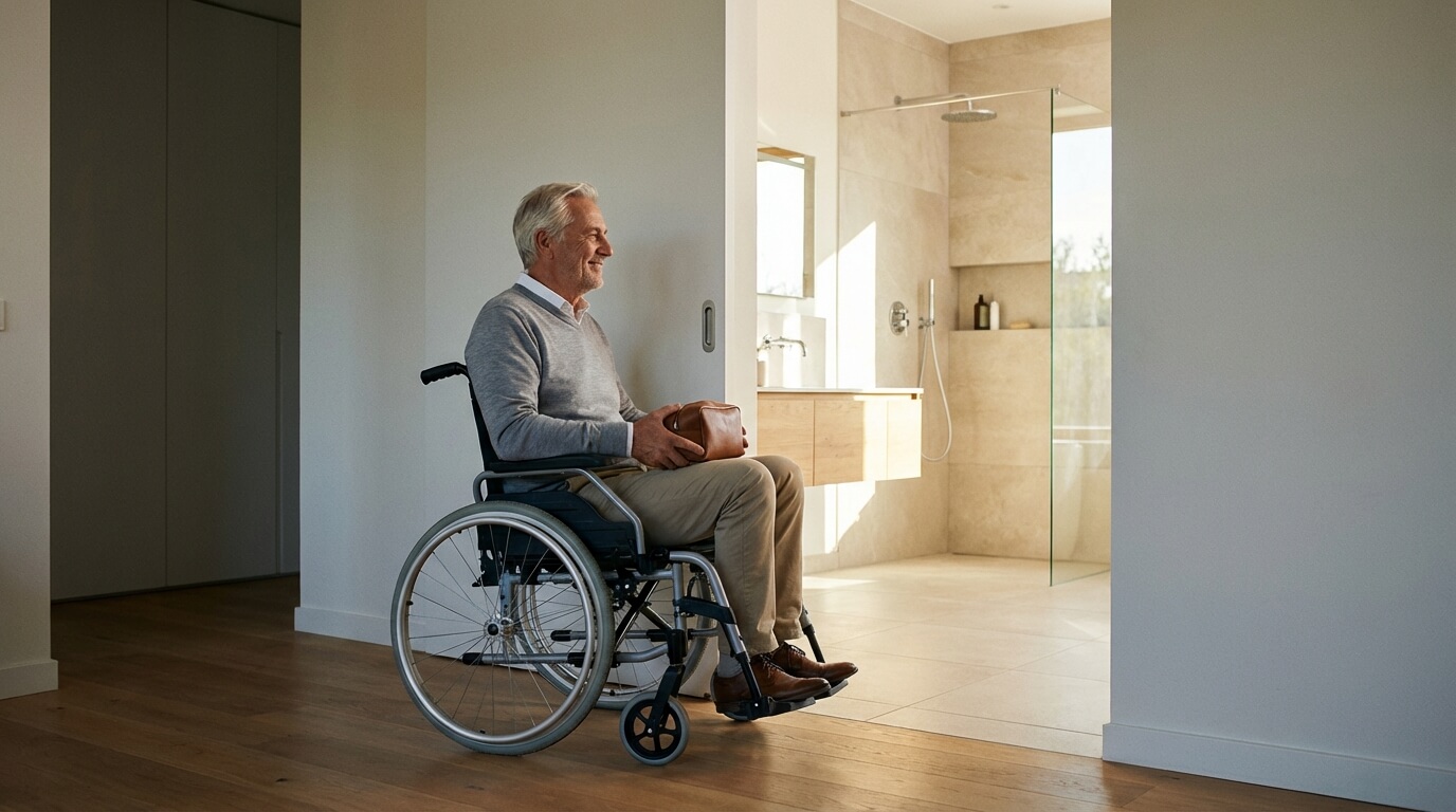 Senior fauteuil roulant salle de bain adaptée autonomie