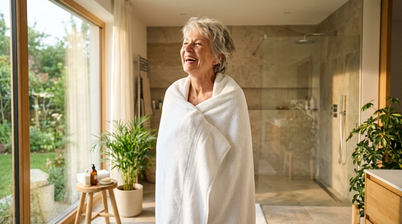Senior femme heureuse salle de bain lumineuse espace liberté