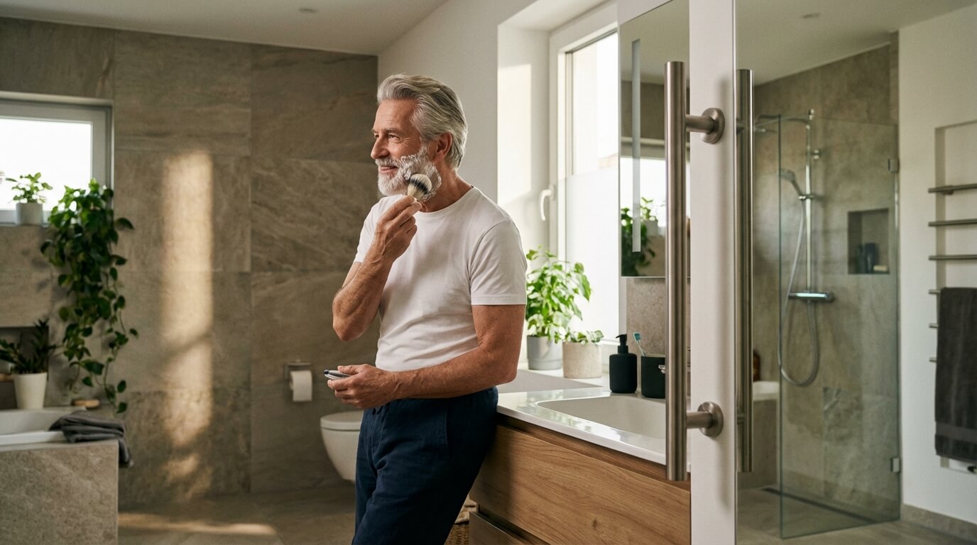 Senior homme serein salle de bain sécurité confort