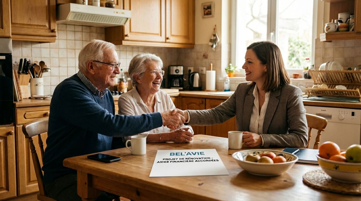 Seniors heureux discussion financement projet rénovation