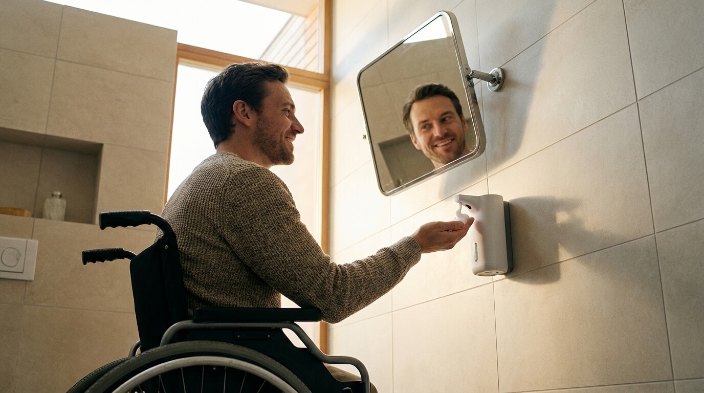 Utilisation d'accessoires PMR comme un miroir inclinable et un distributeur automatique