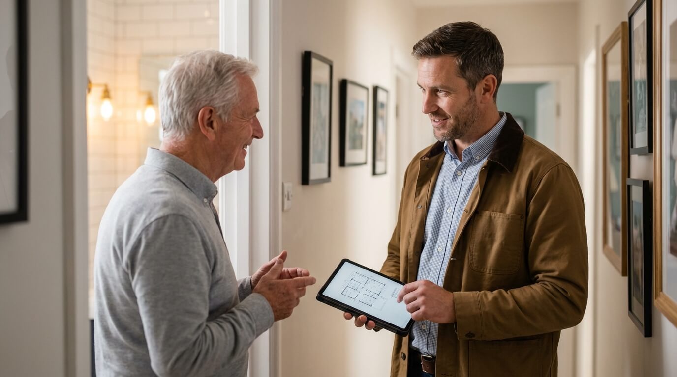 Artisan de confiance discutant d'aménagement avec un client senior