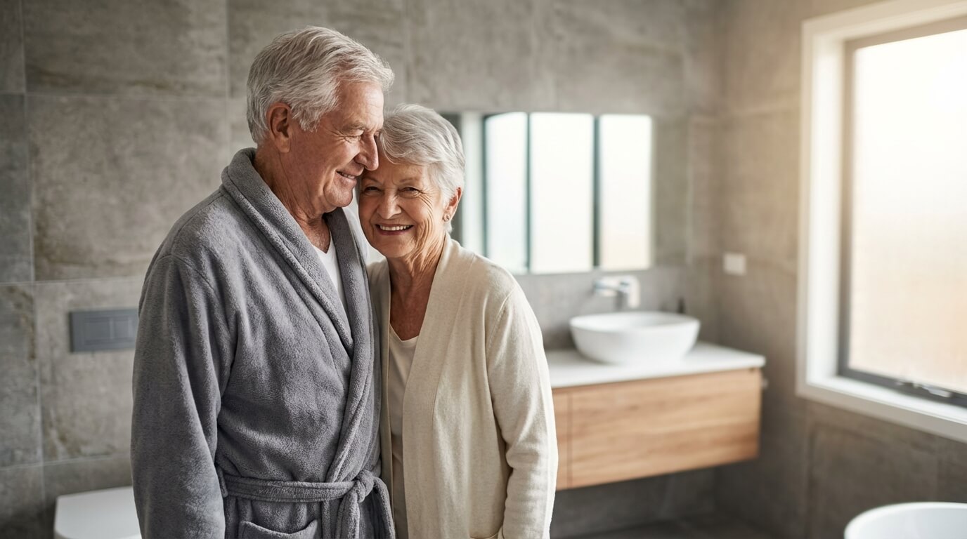 Couple de personnes âgées serein dans une salle de bain moderne