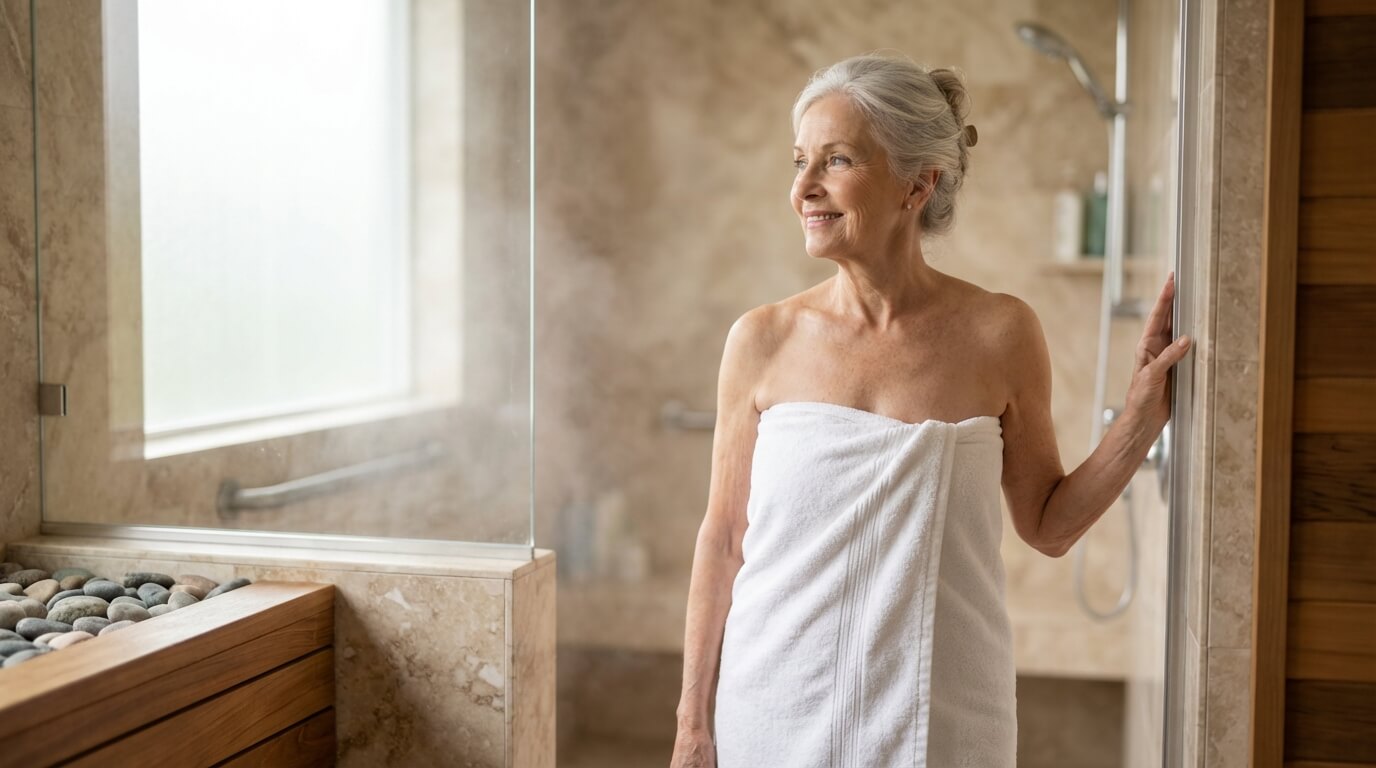 Femme âgée rayonnante profitant d'une salle de bain accessible