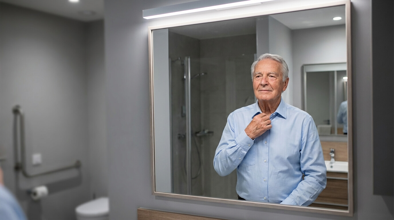 Homme senior élégant et indépendant dans sa salle de bain