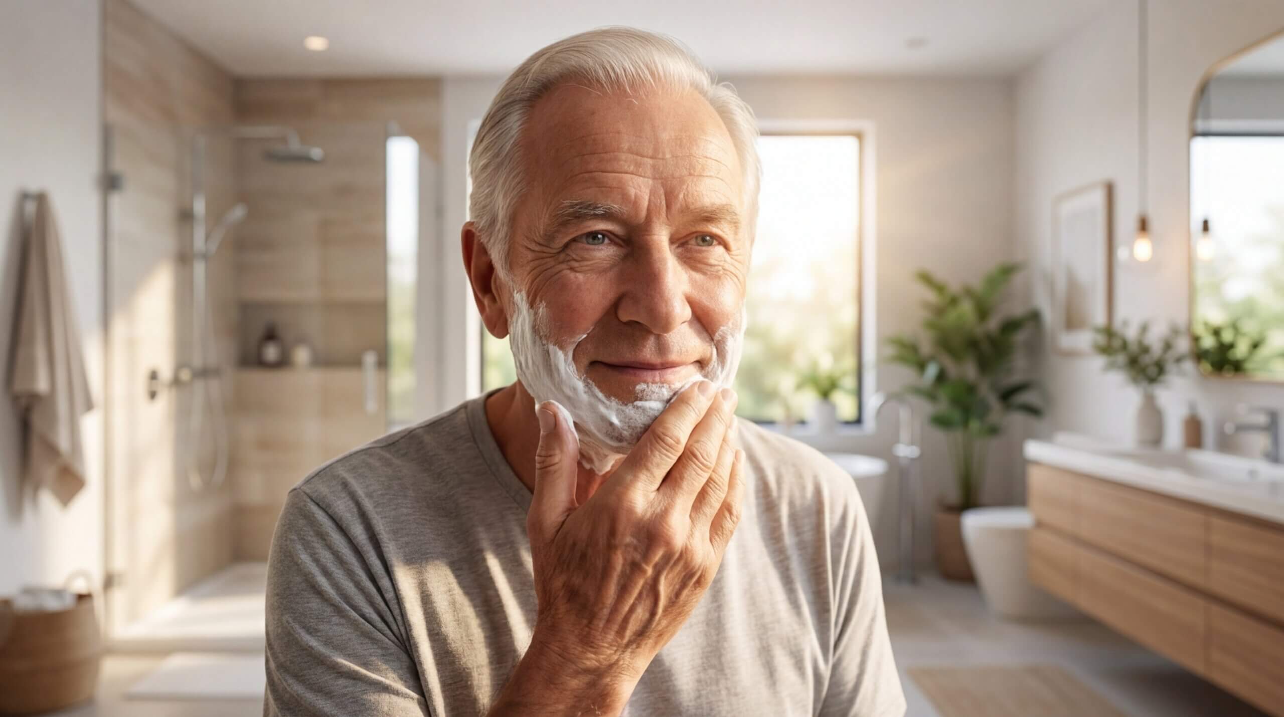 Senior homme salle de bain matin routine bien-être domicile