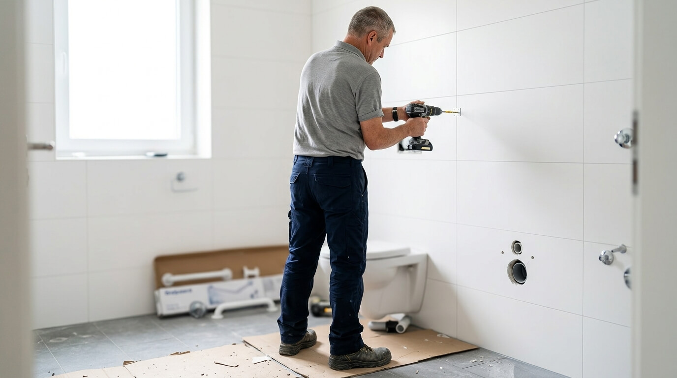 Artisan qualifié installant équipement accessibilité salle de bain PMR