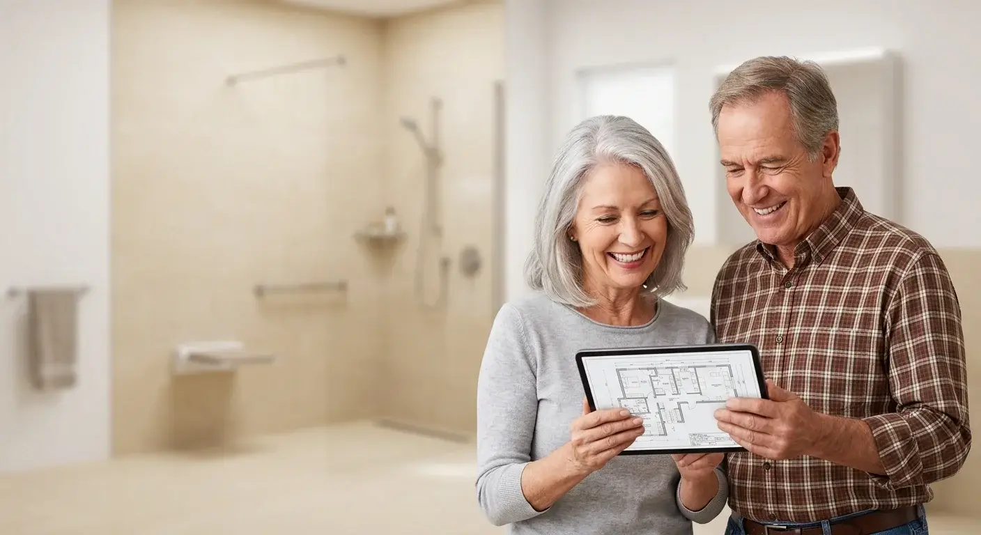 Couple de seniors heureux consultant les plans de leur douche adaptée PMR