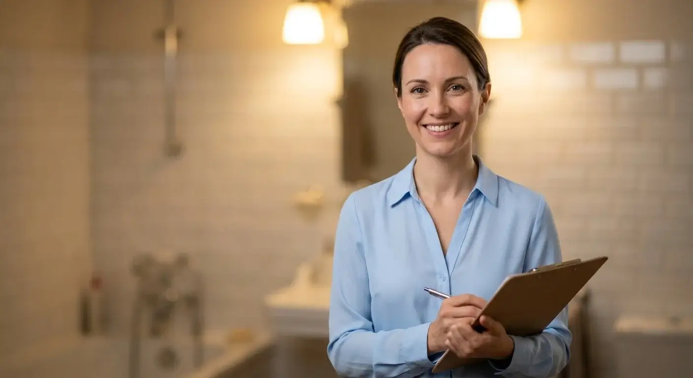 Ergothérapeute professionnelle souriante lors d'un diagnostic d'installation de douche PMR à domicile
