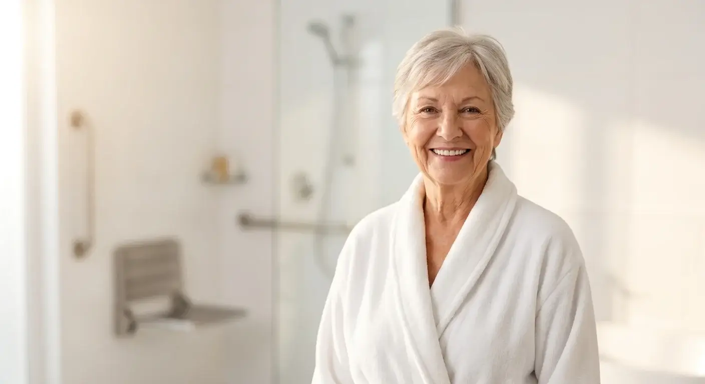 Femme senior souriante et rassurée devant sa nouvelle douche PMR