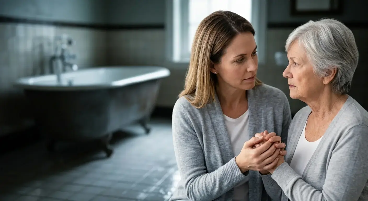 Fille et sa mère senior inquiètes face aux risques de chute en salle de bain