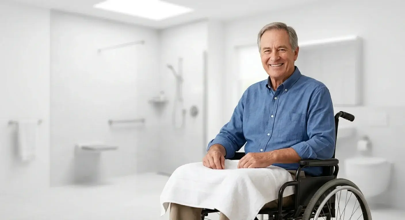 Homme senior en fauteuil roulant autonome et serein dans sa salle de bain accessible