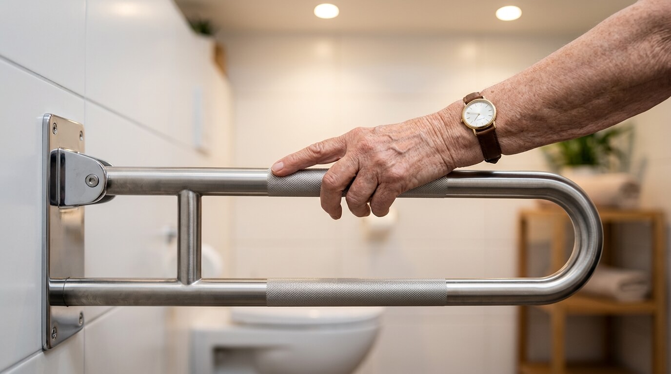 Main posée sur barre appui inox salle de bain sécurisée PMR