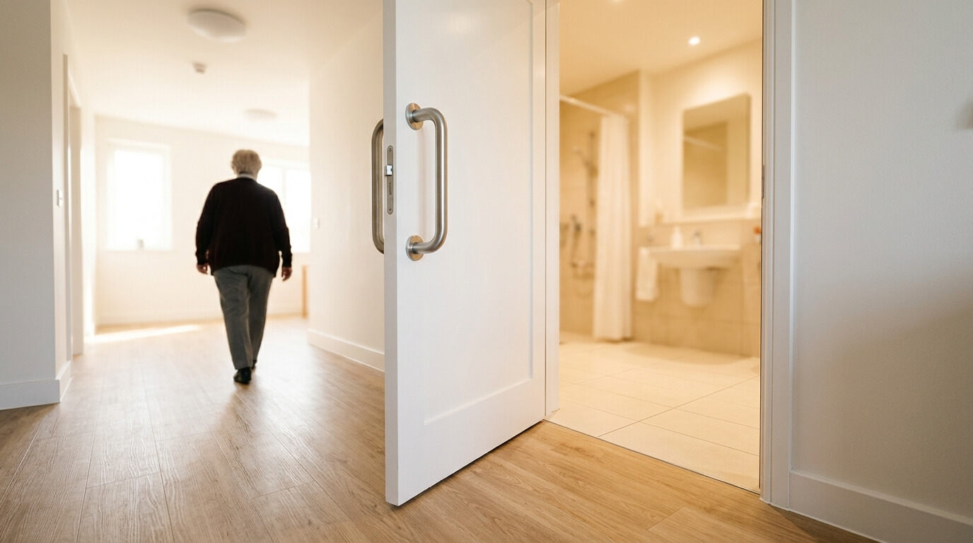 Porte large ouverte vers extérieur accès facile salle de bain PMR