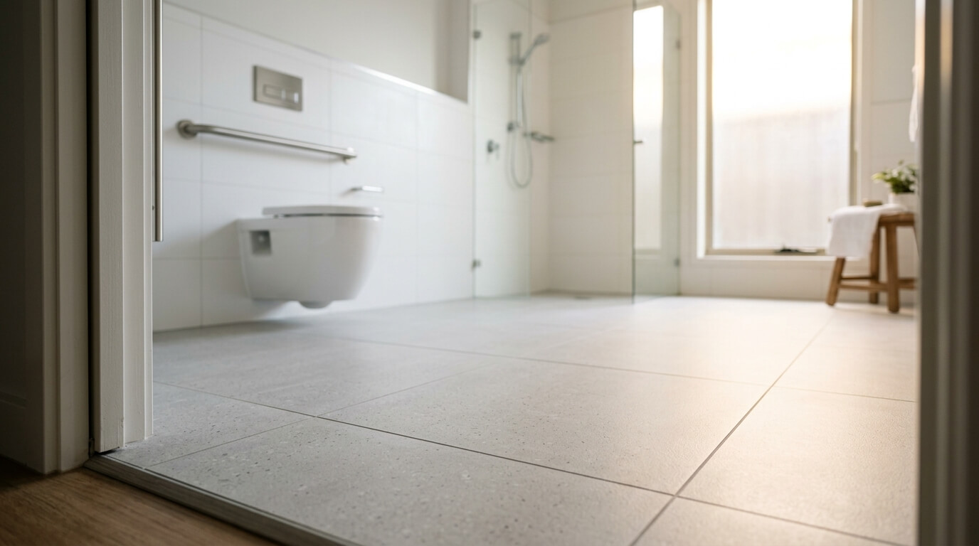 Salle de bain accessible lumineuse avec espace de circulation PMR conforme