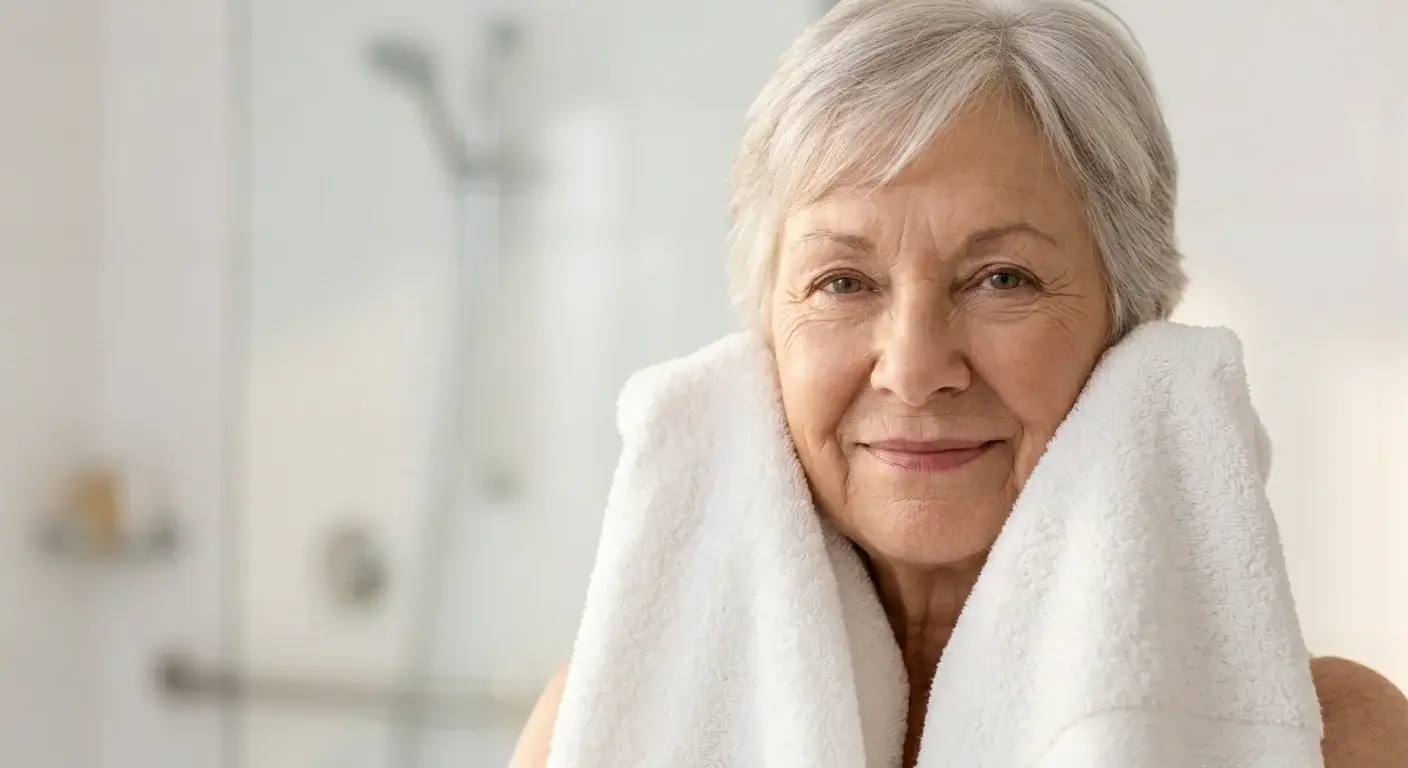 Senior profitant du confort de sa salle de bain sécurisée avec robinetterie thermostatique