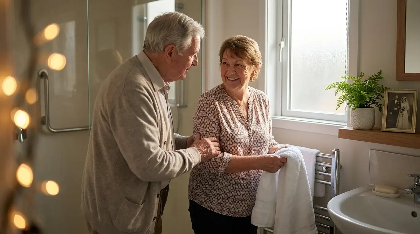 Couple senior douche italienne éclairage PMR