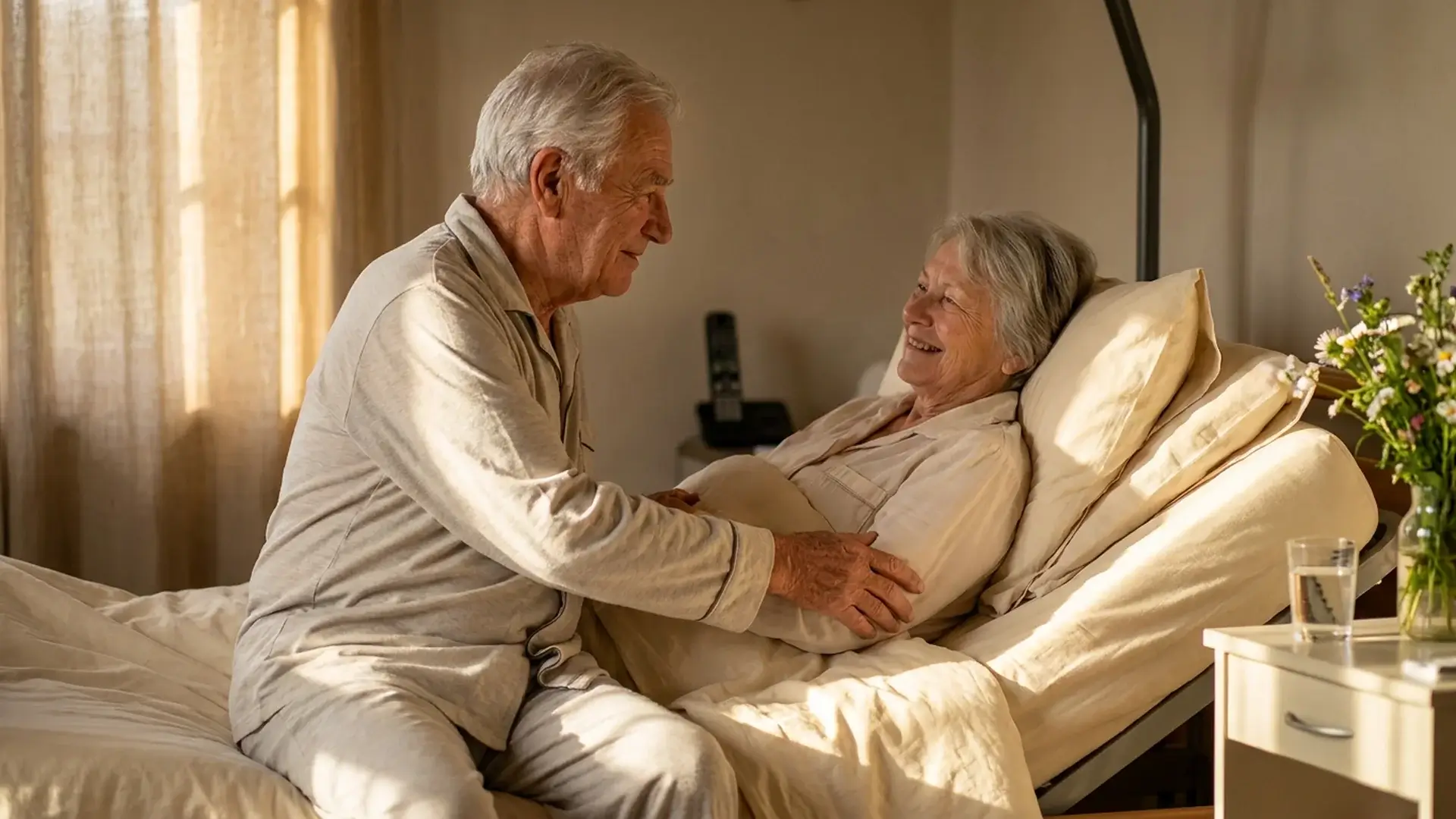 Couple senior intergenerationnel matin chambre adaptee