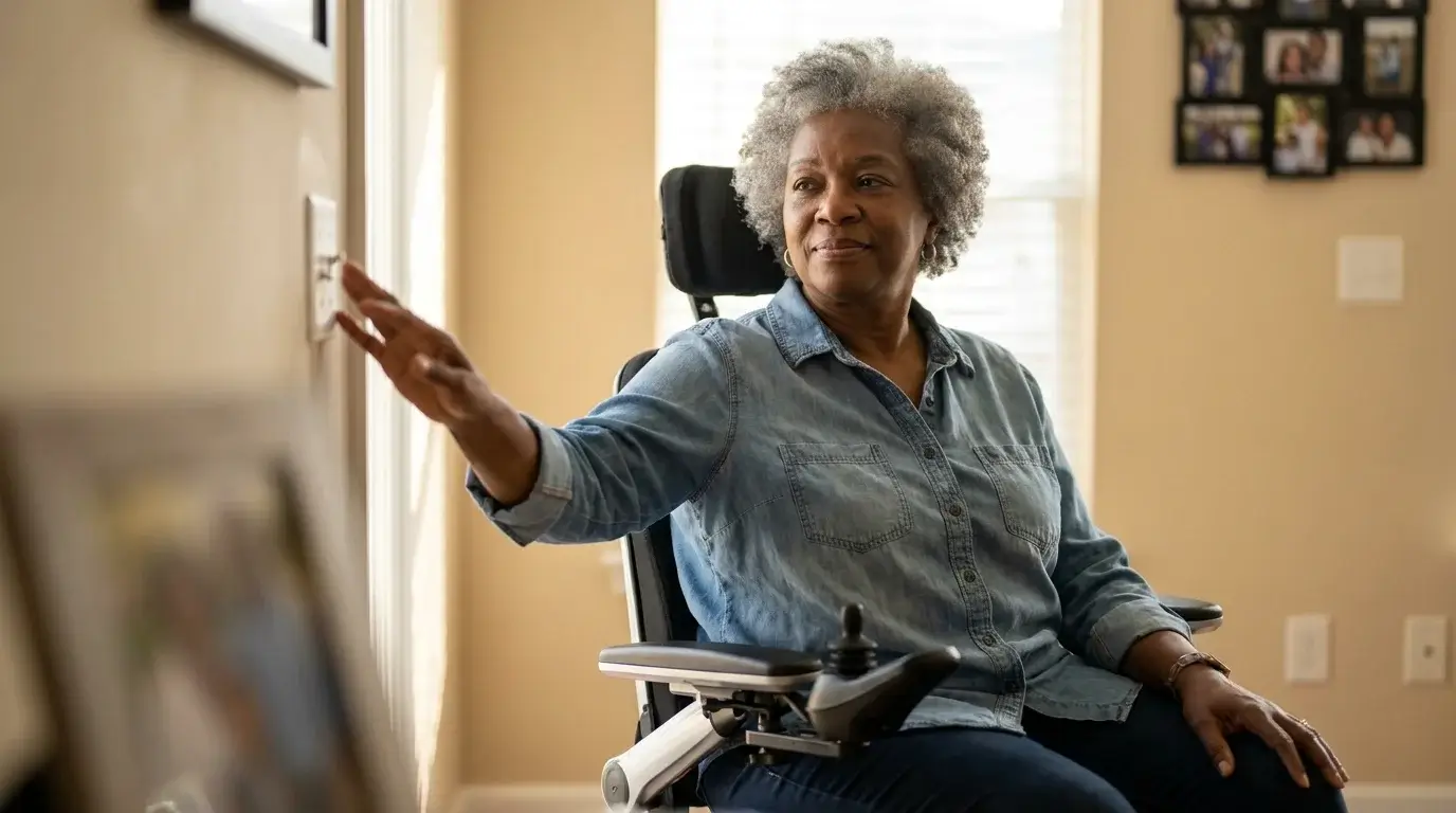 Femme fauteuil interrupteur hauteur PMR accessible