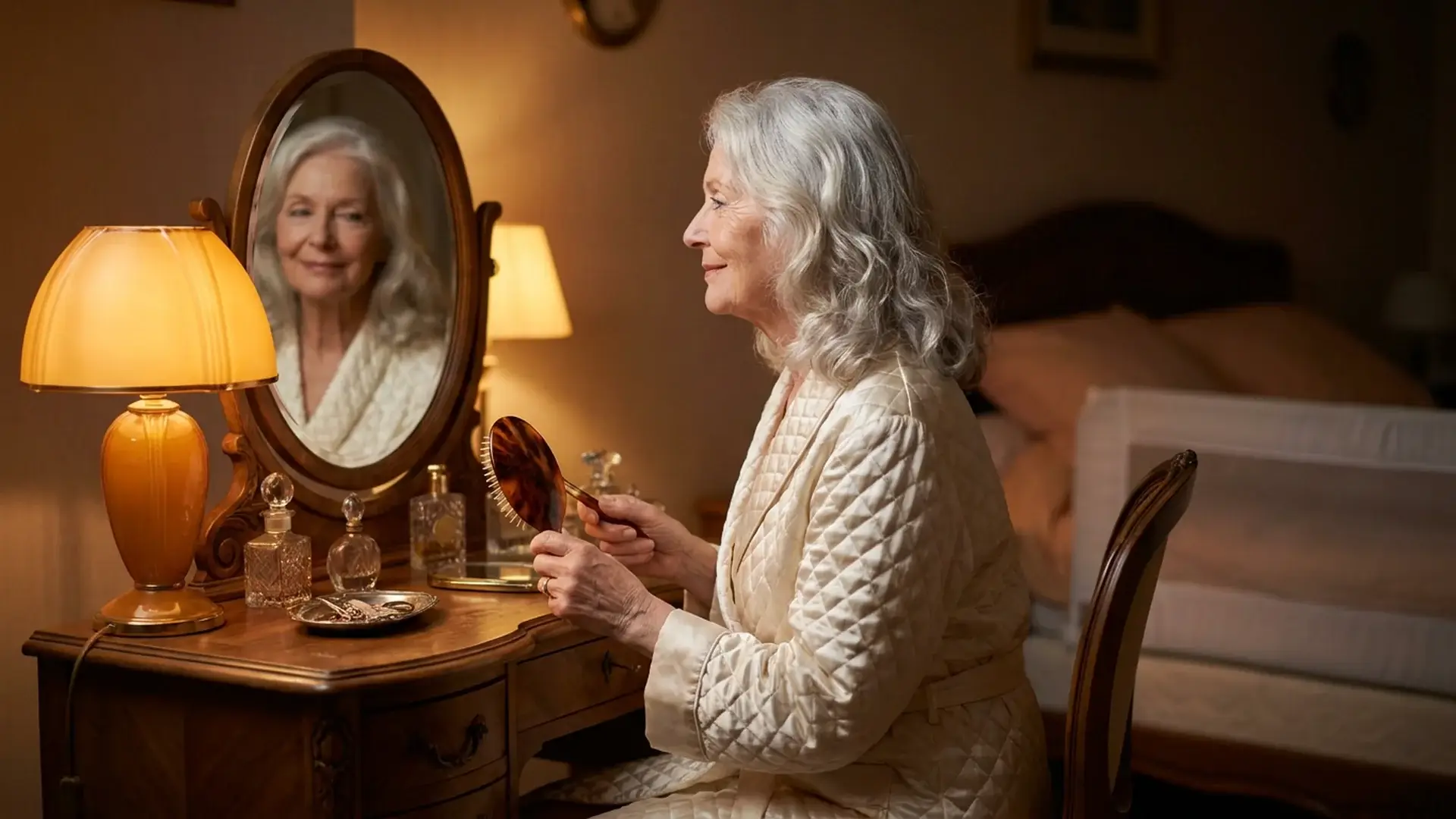 Femme senior coiffeuse soir rituel paisible