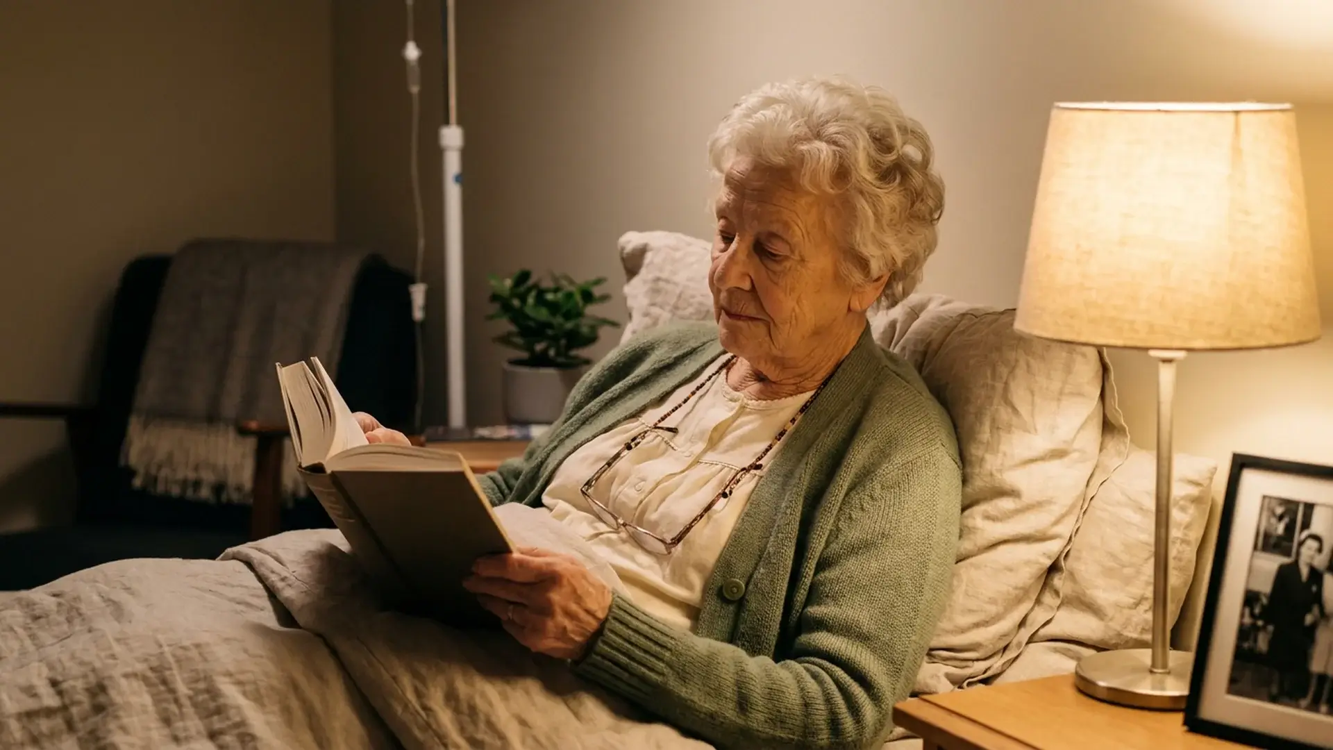 Femme senior lecture intime potence lit chambre