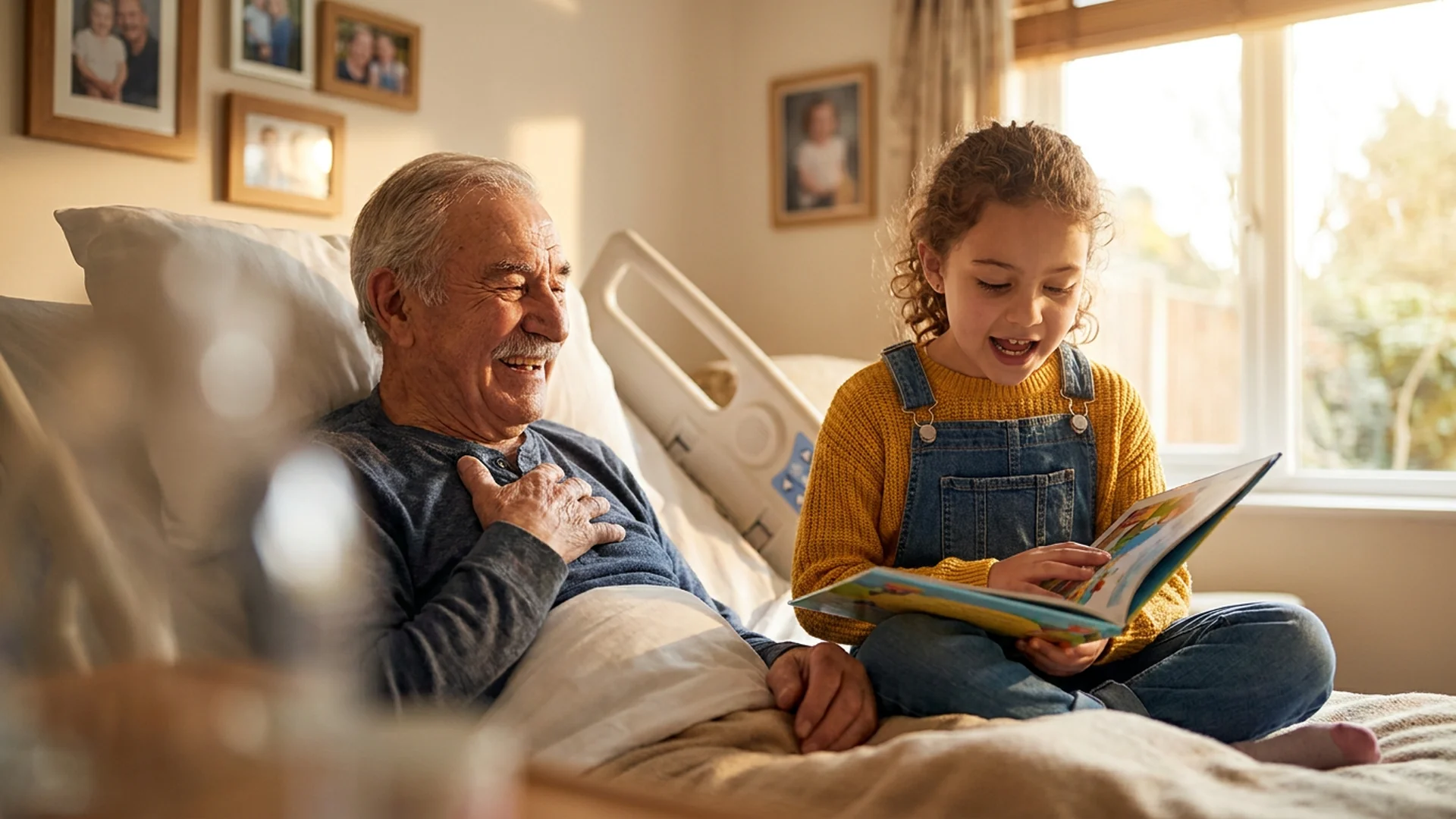 Grand pere petite fille lecture lit medicalise