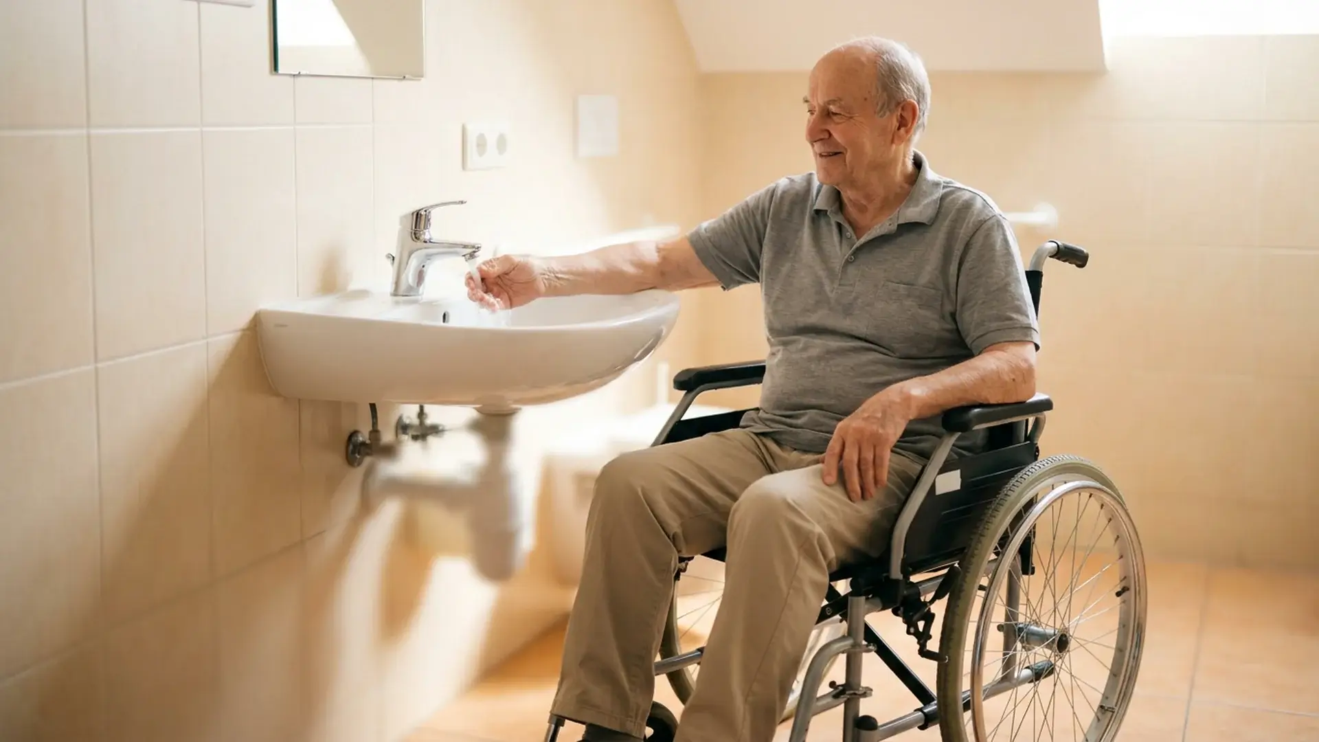 Homme senior fauteuil roulant lave-mains accessible