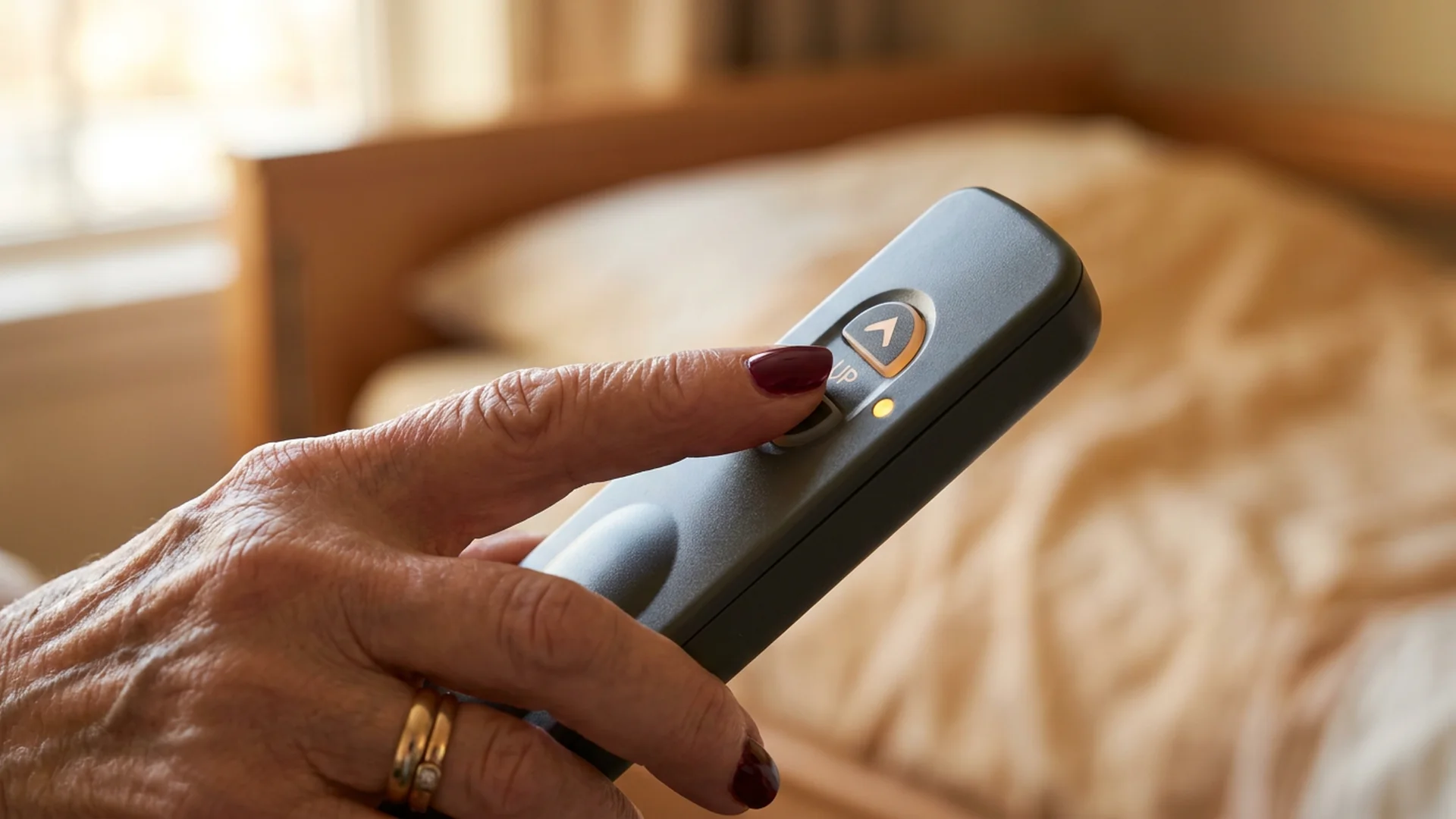 Main senior telecommande lit medicalise gros plan