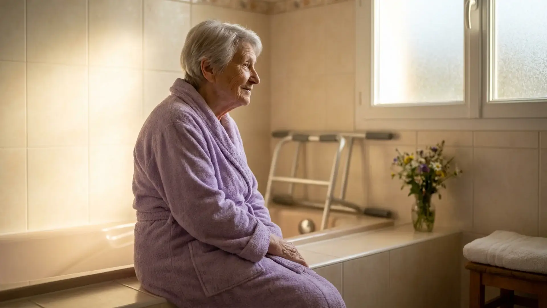 Senior femme banc transfert baignoire autonome