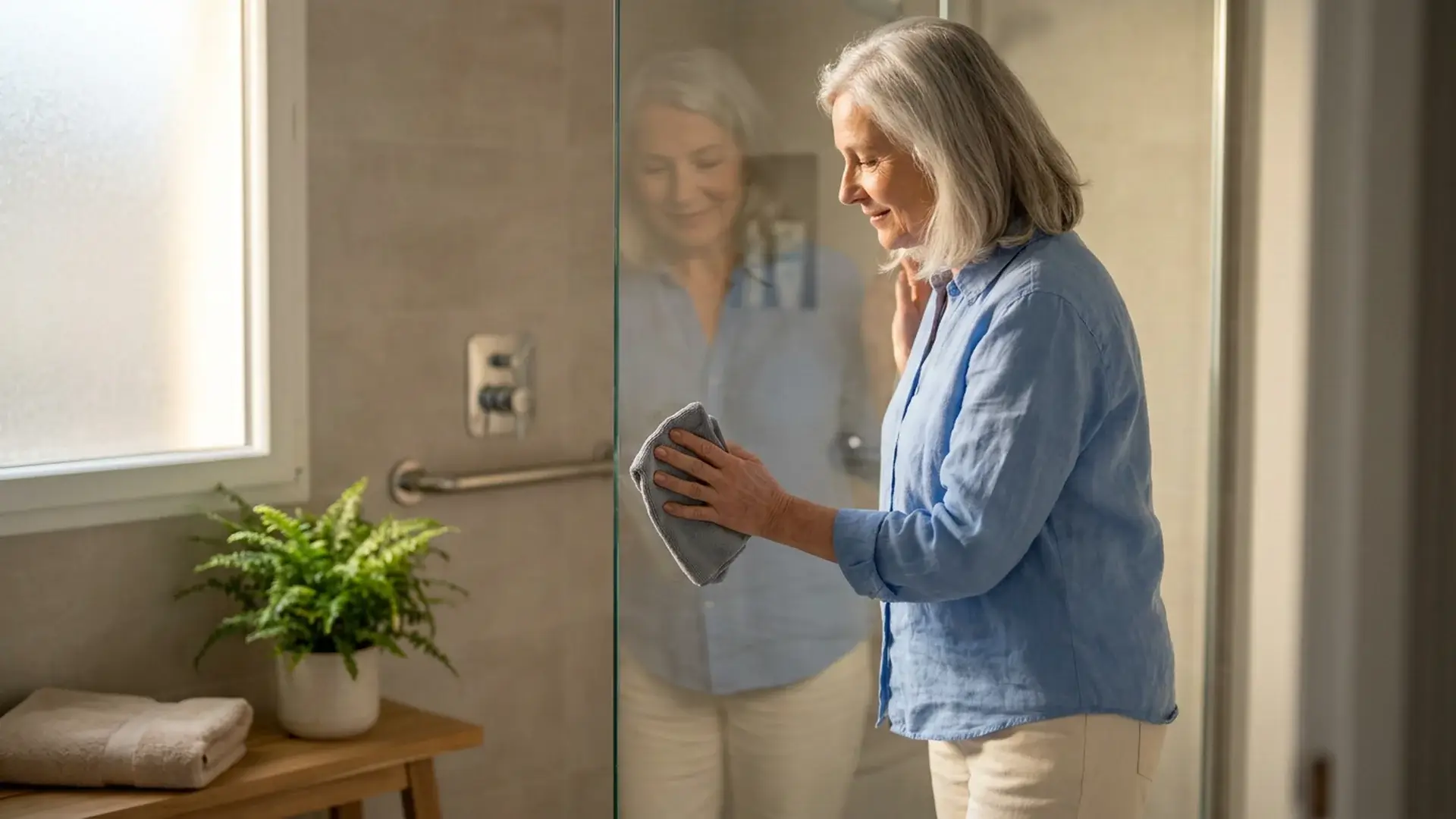 Senior femme entretien paroi douche verre quotidien
