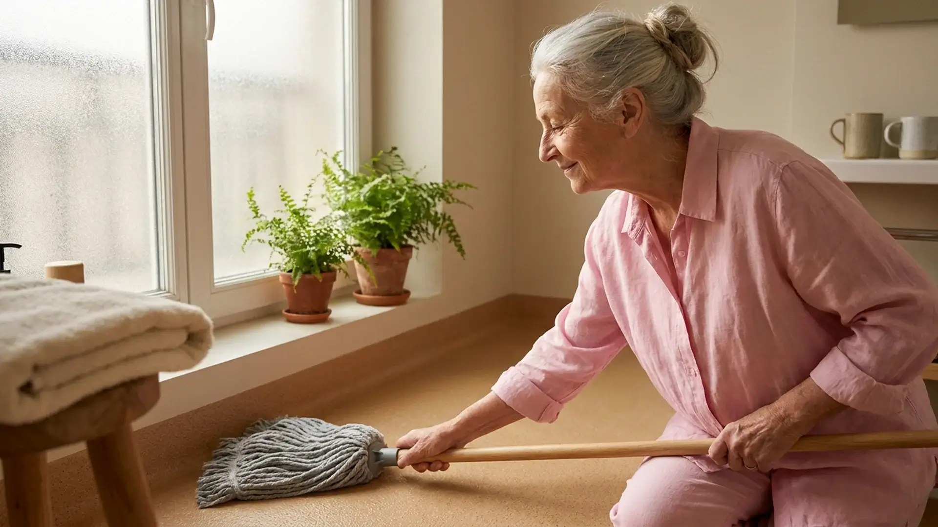 Senior femme entretien sol salle bain securise