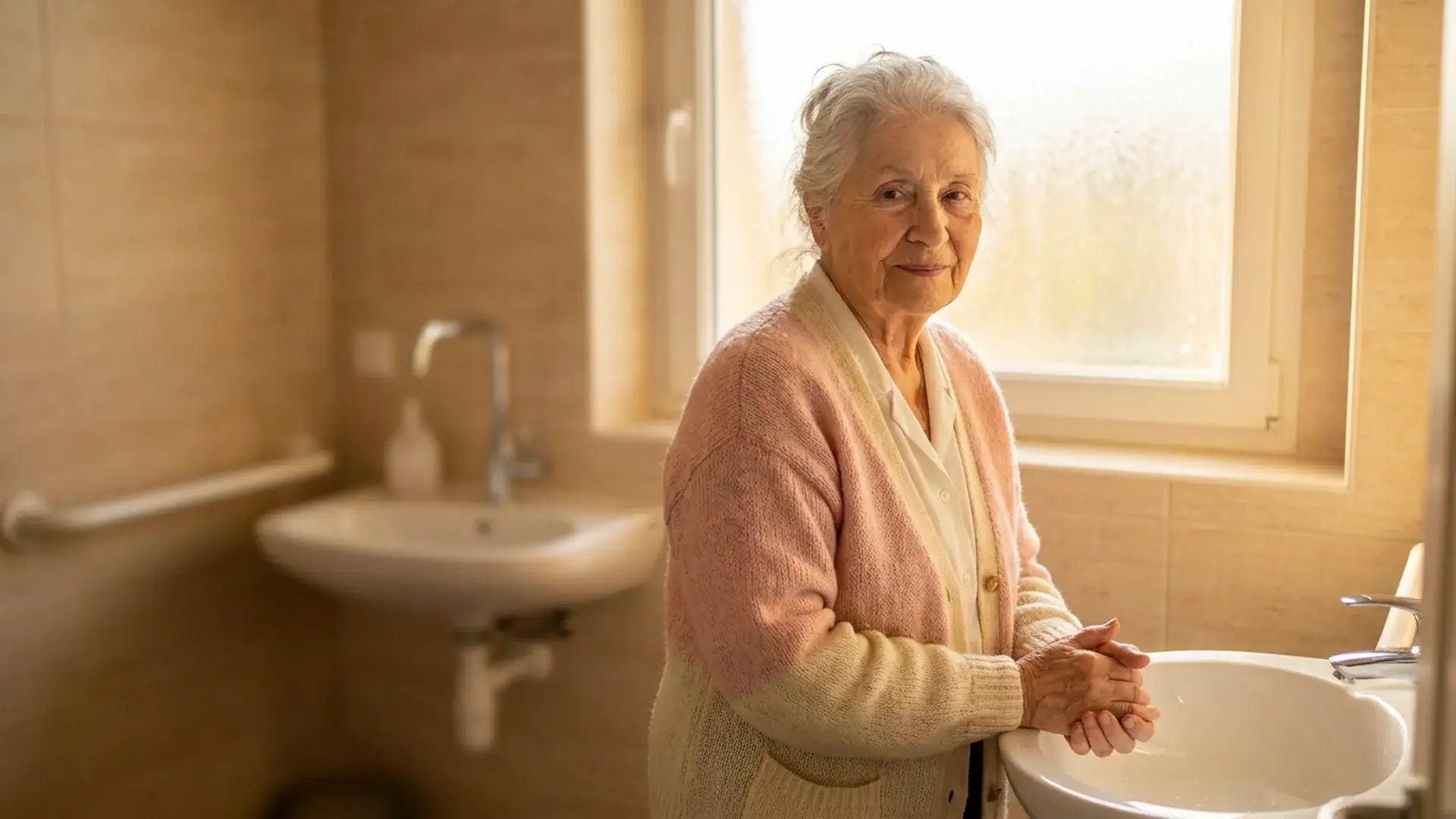 Senior femme lave-mains WC PMR autonome