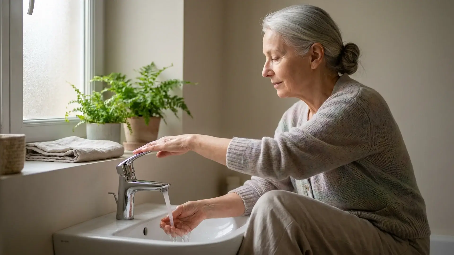 Senior femme mitigeur levier long lave-mains usage