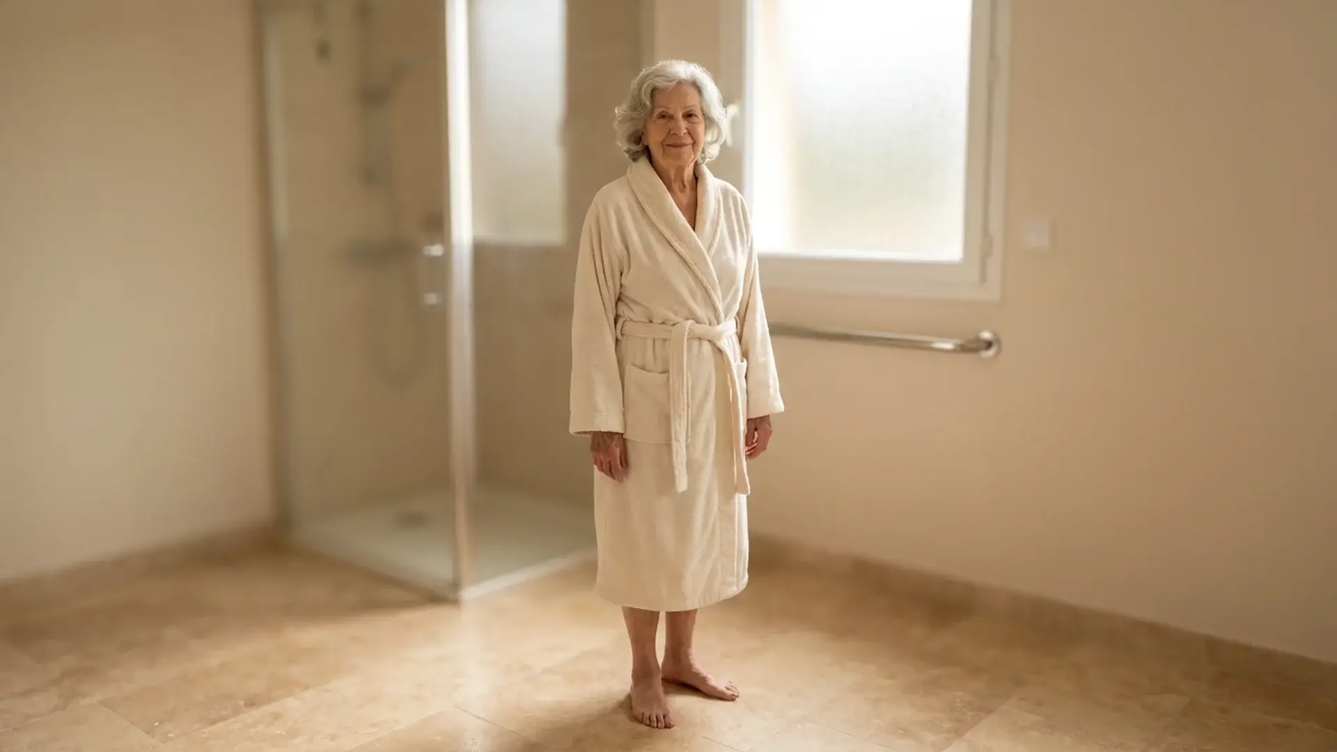 Senior femme salle de bain sol securise serein