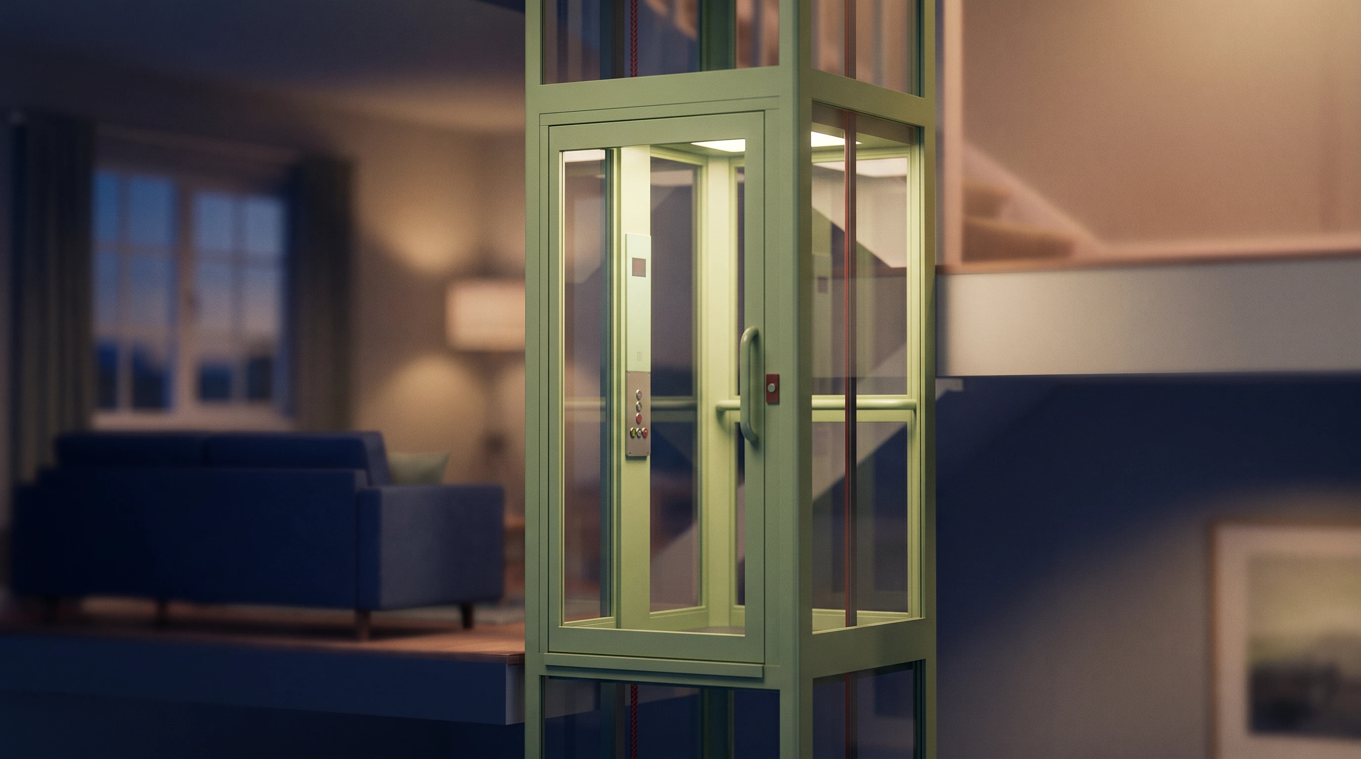 Ascenseur privatif à cabine vitrée installé dans une maison individuelle adaptée aux seniors