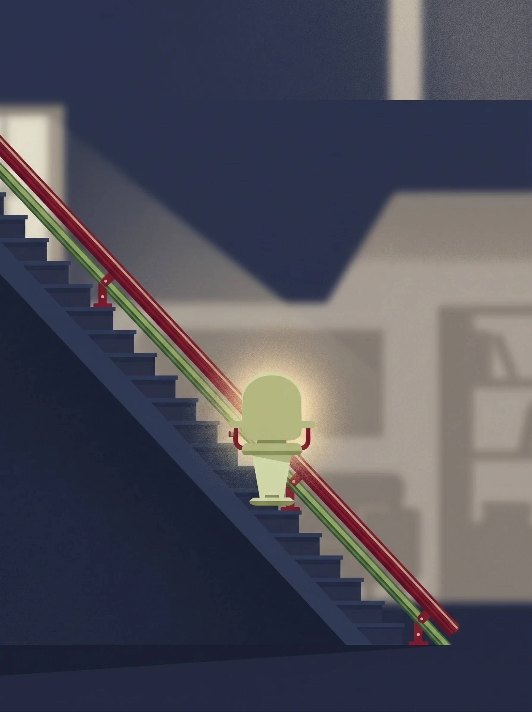 Escalier droit d'une seule volée, sans virage ni palier, équipé d'un monte-escalier