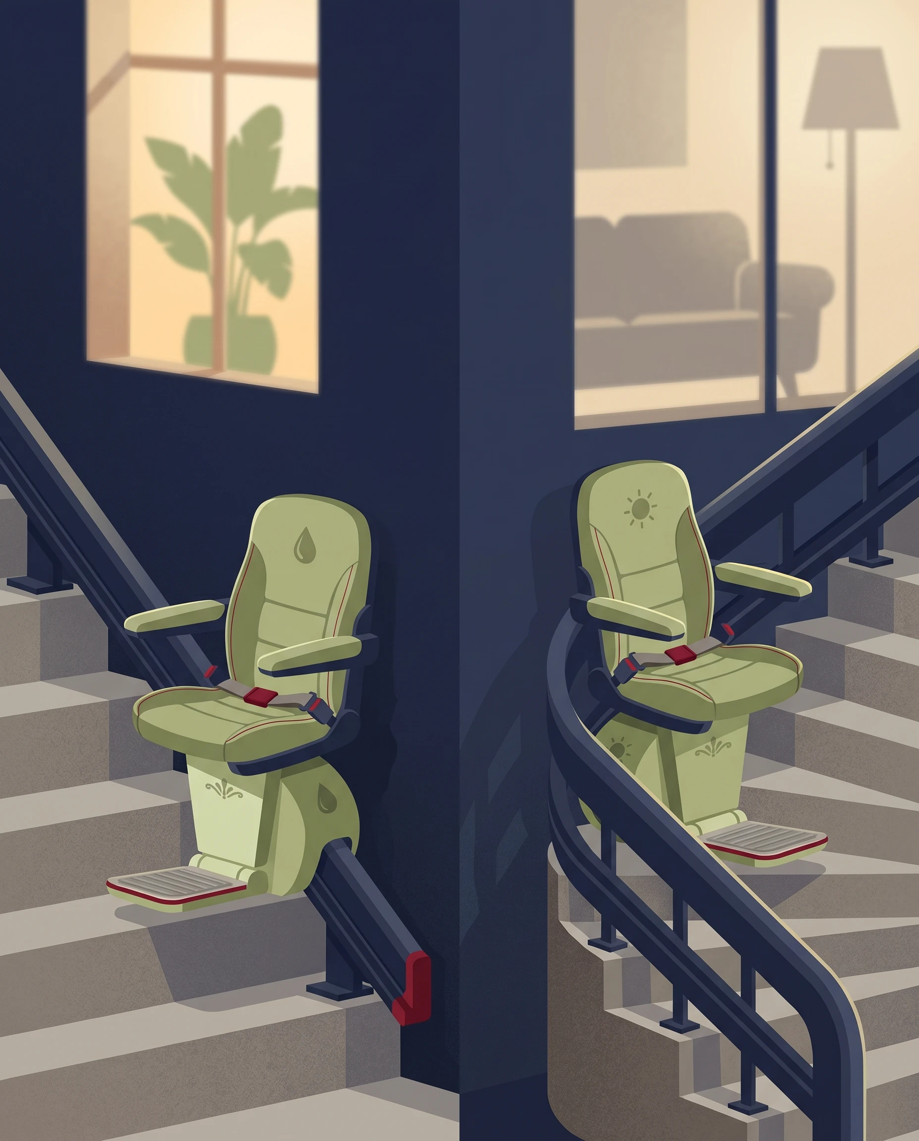 Comparaison entre un monte-escalier extérieur droit et un modèle extérieur tournant
