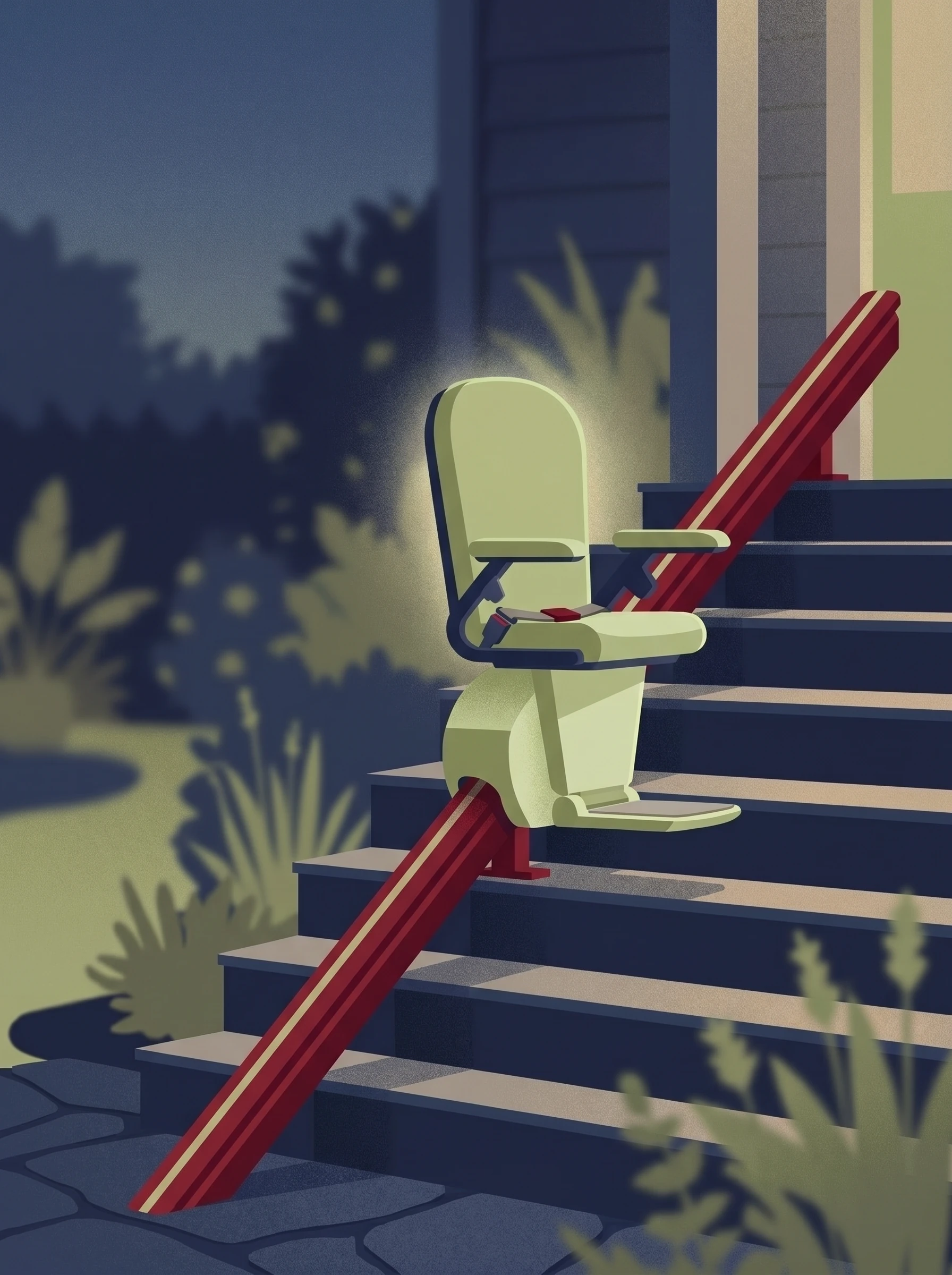 Monte-escalier extérieur installé sur les marches d'un perron menant au jardin