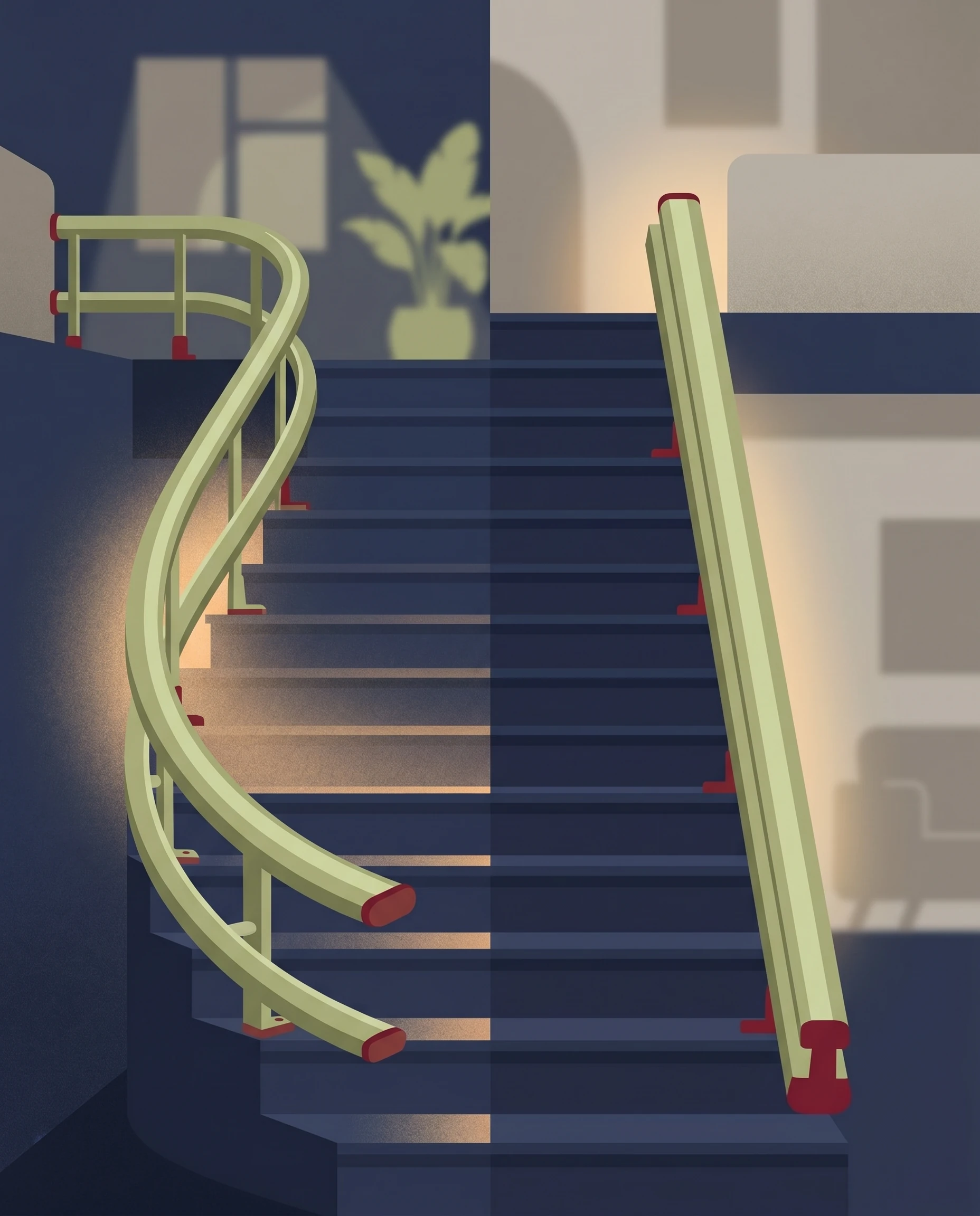 Comparaison entre un rail courbé de monte-escalier tournant et un rail rectiligne de modèle droit