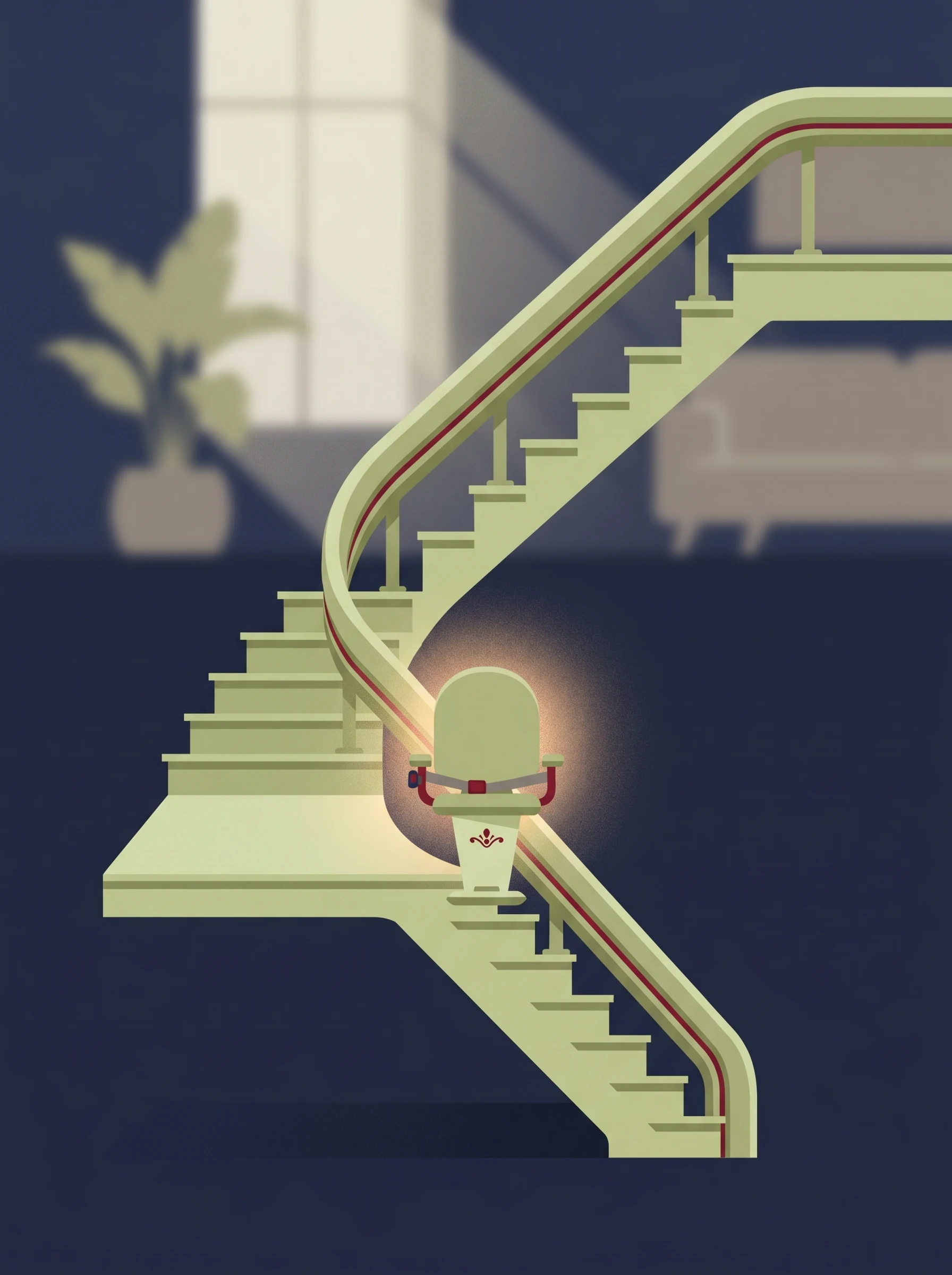 Escalier tournant avec virage et palier équipé d'un monte-escalier à rail courbé
