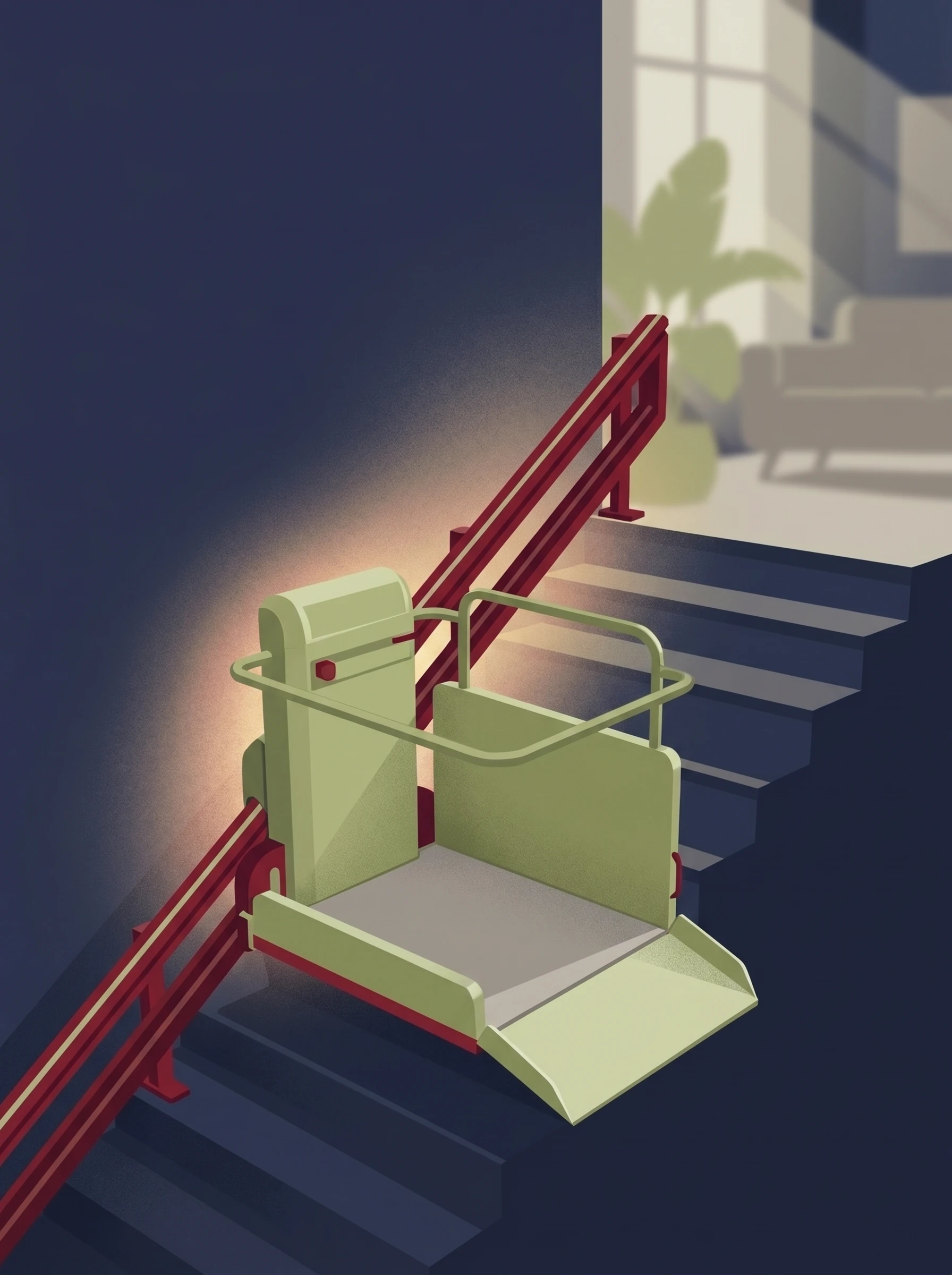 Plateforme monte-escalier avec un fauteuil roulant sur le plateau, le long d'un escalier
