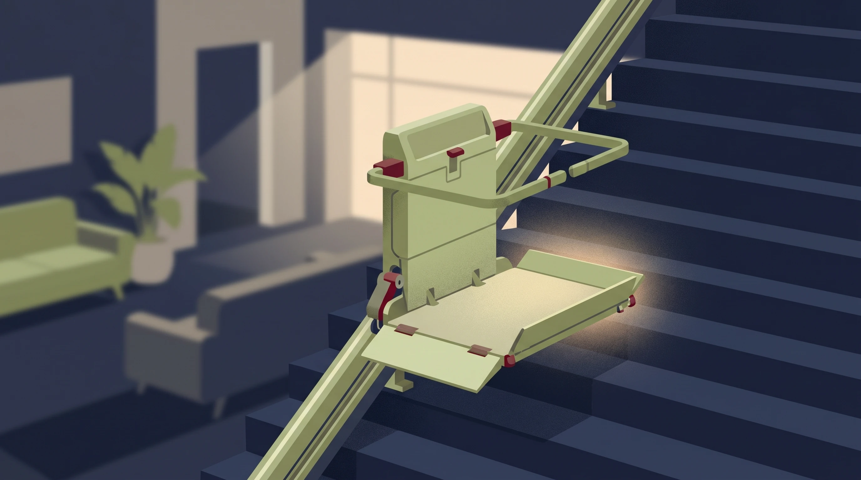 Plateforme monte-escalier transportant un fauteuil roulant le long d'un escalier