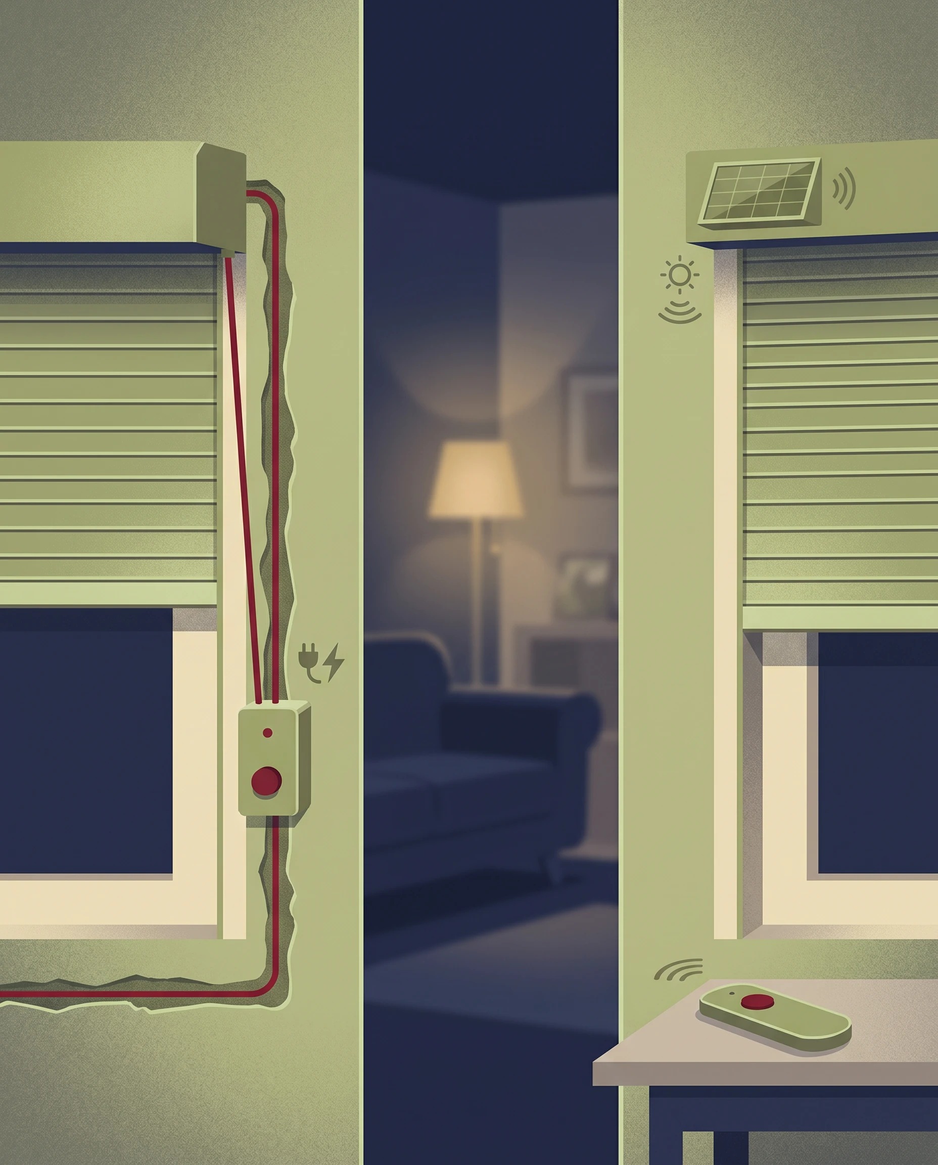 Comparaison entre un volet filaire nécessitant un câblage et un volet sans fil à mur intact