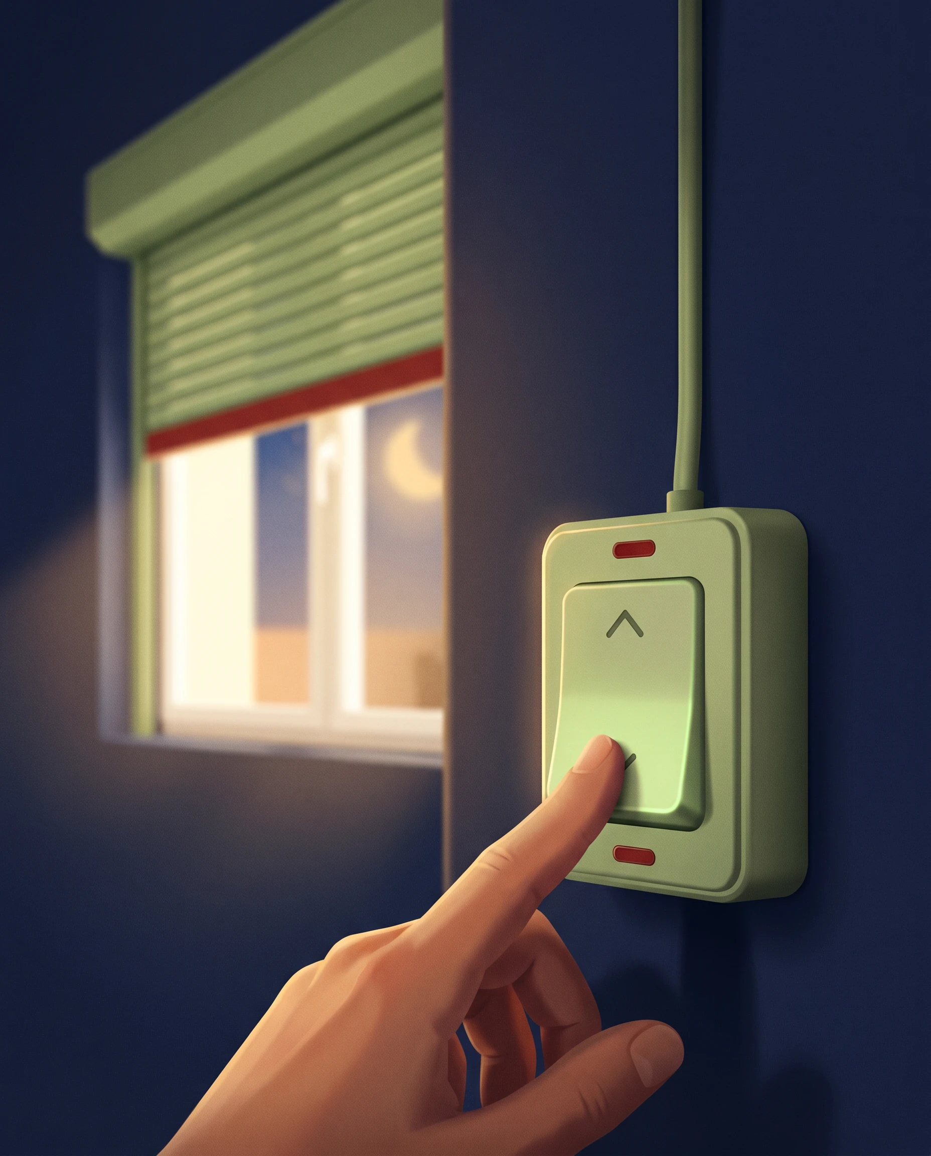 Volet roulant filaire commandé par un interrupteur mural dans une maison adaptée aux seniors