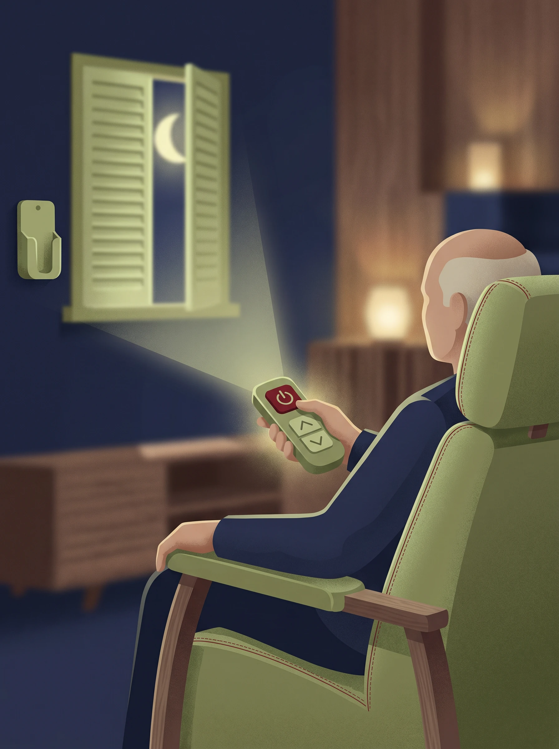 Senior pilotant son volet roulant radio depuis un fauteuil avec une télécommande à grandes touches