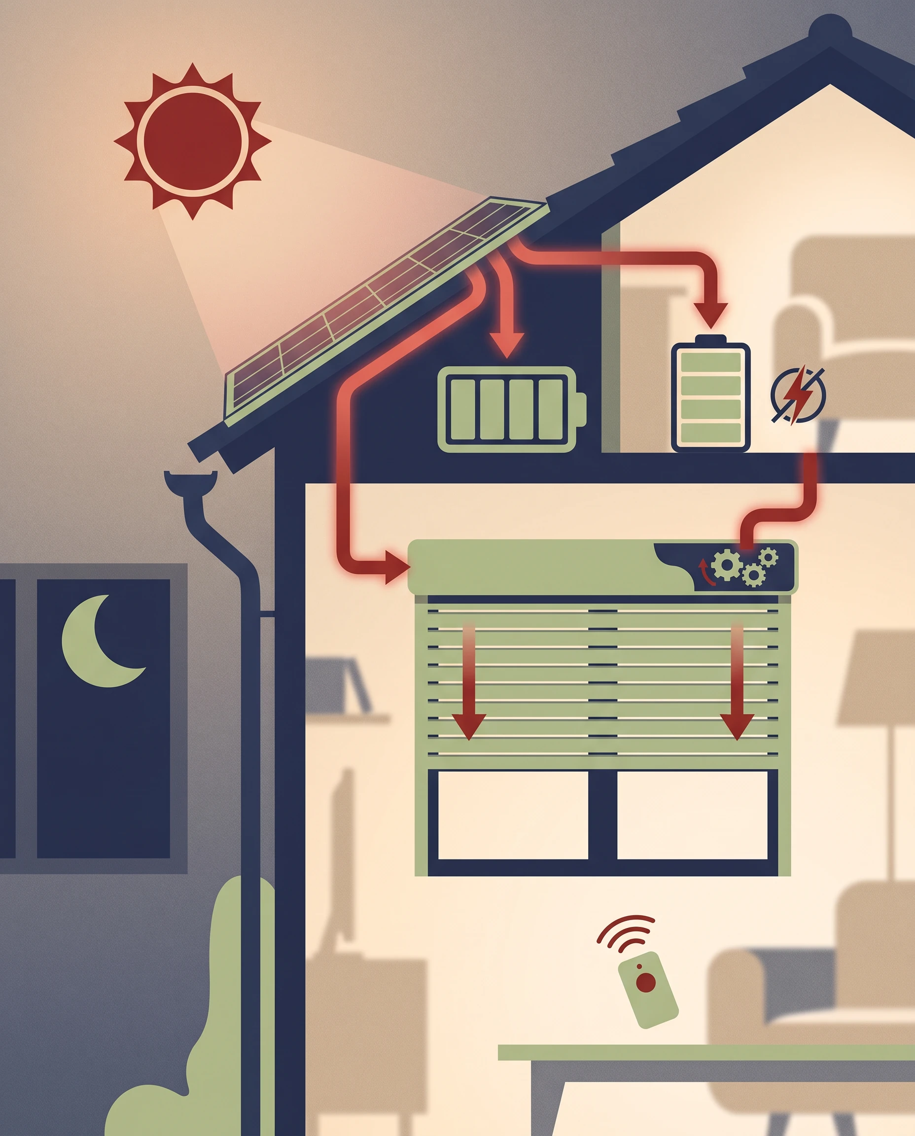 Fonctionnement d'un volet roulant solaire : panneau qui recharge la batterie qui alimente le moteur