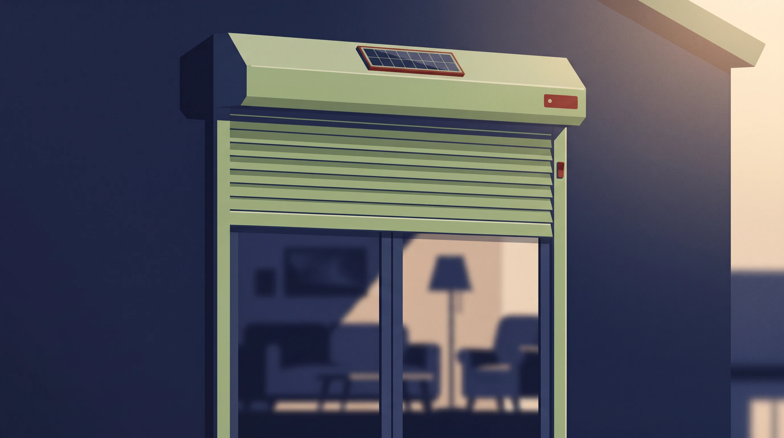 Volet roulant solaire installé sur la fenêtre d'une maison, avec son panneau solaire sur le coffre